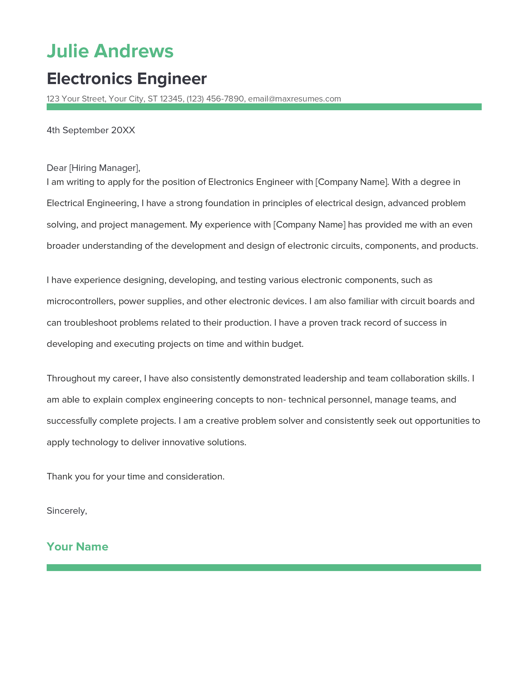 Electronics Engineer Cover Letter Example