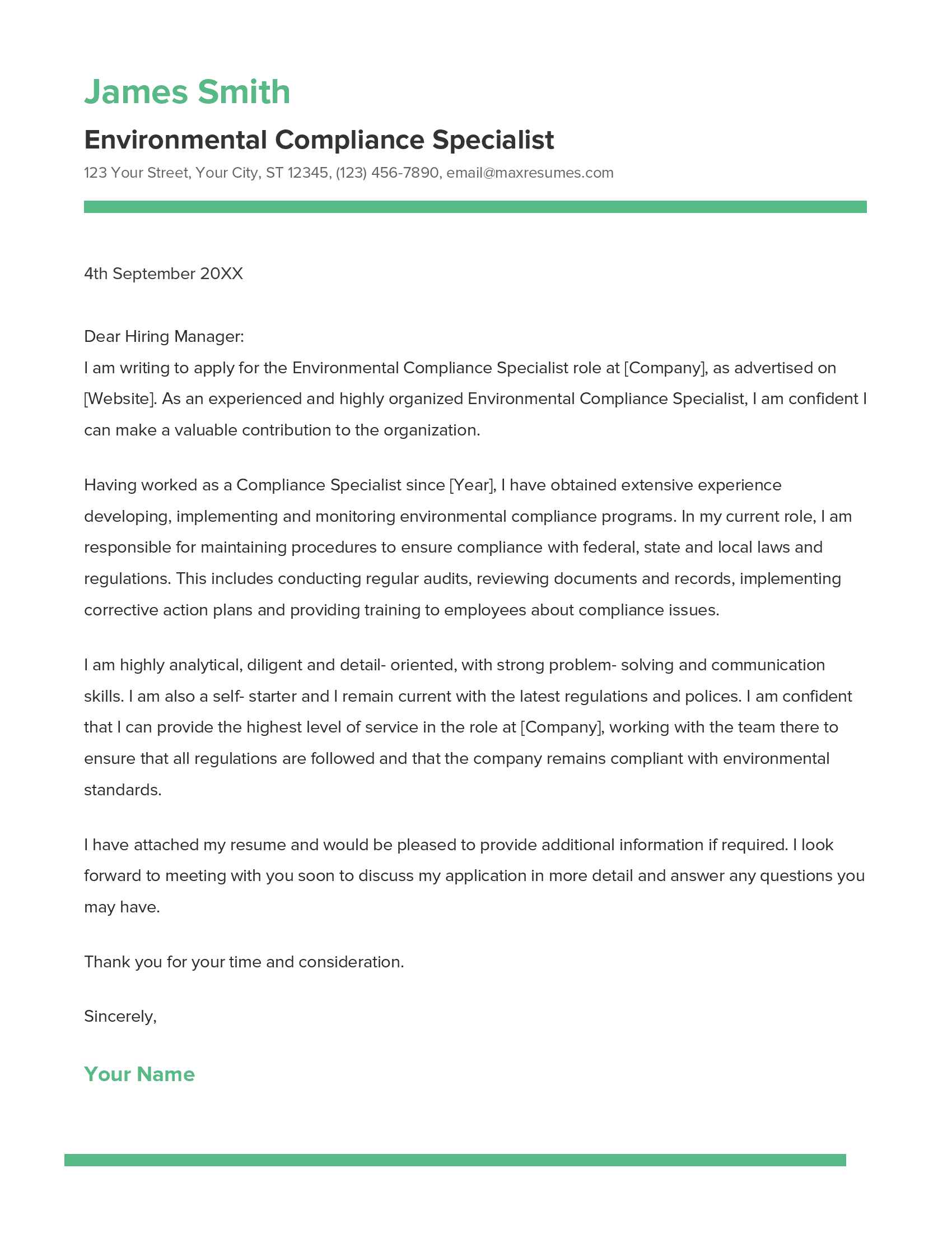 Environmental Compliance Specialist Cover Letter Example
