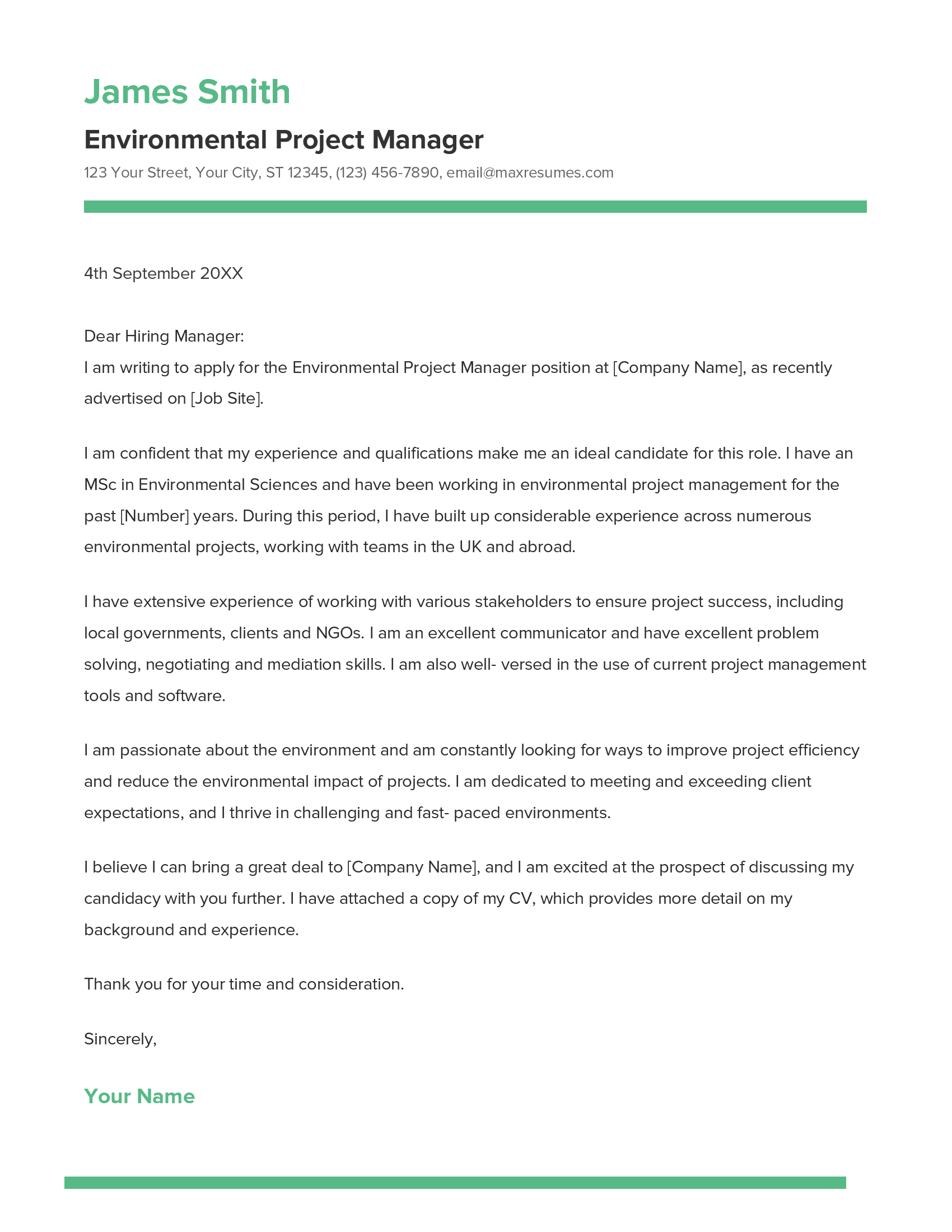 Environmental Project Manager Cover Letter Example