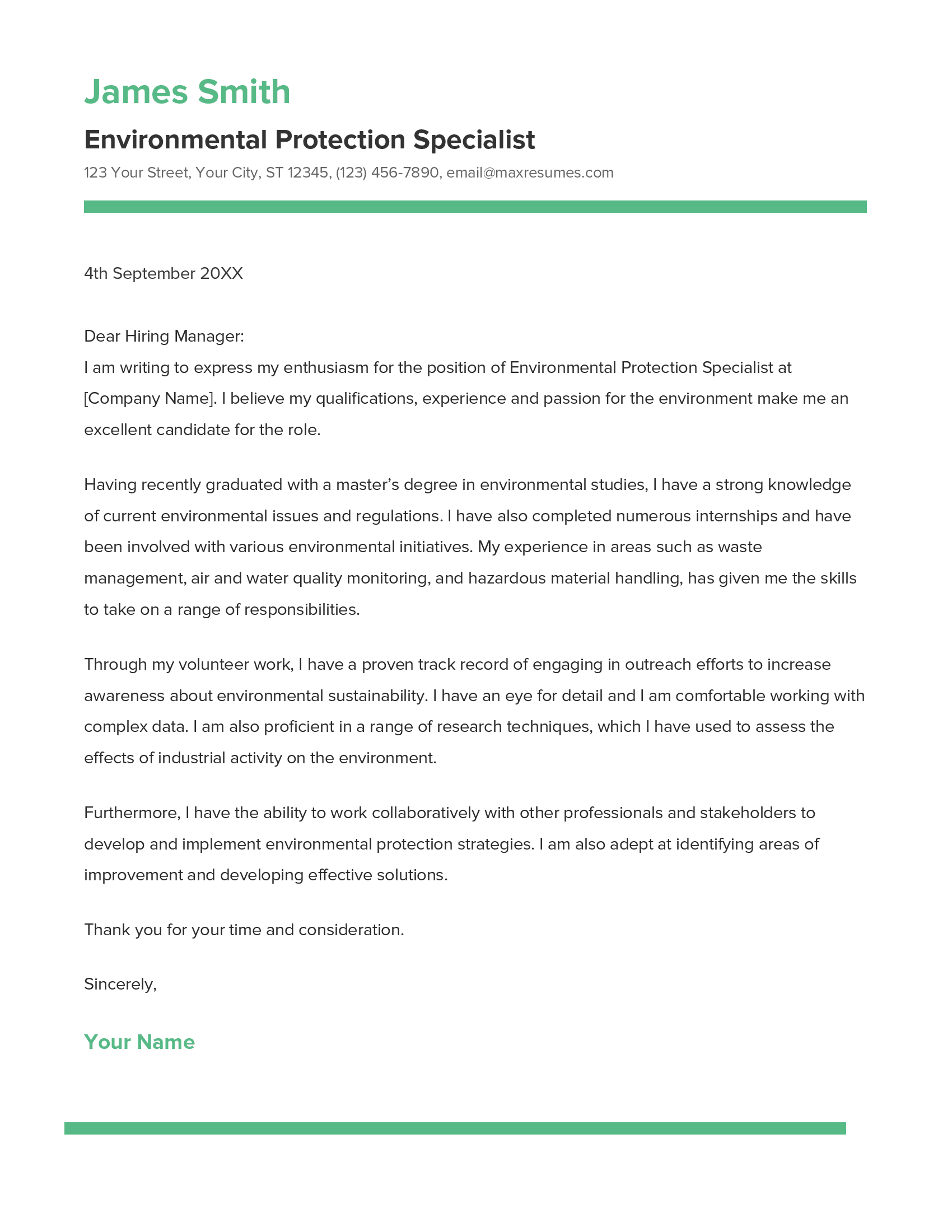 Environmental Protection Specialist Cover Letter Example