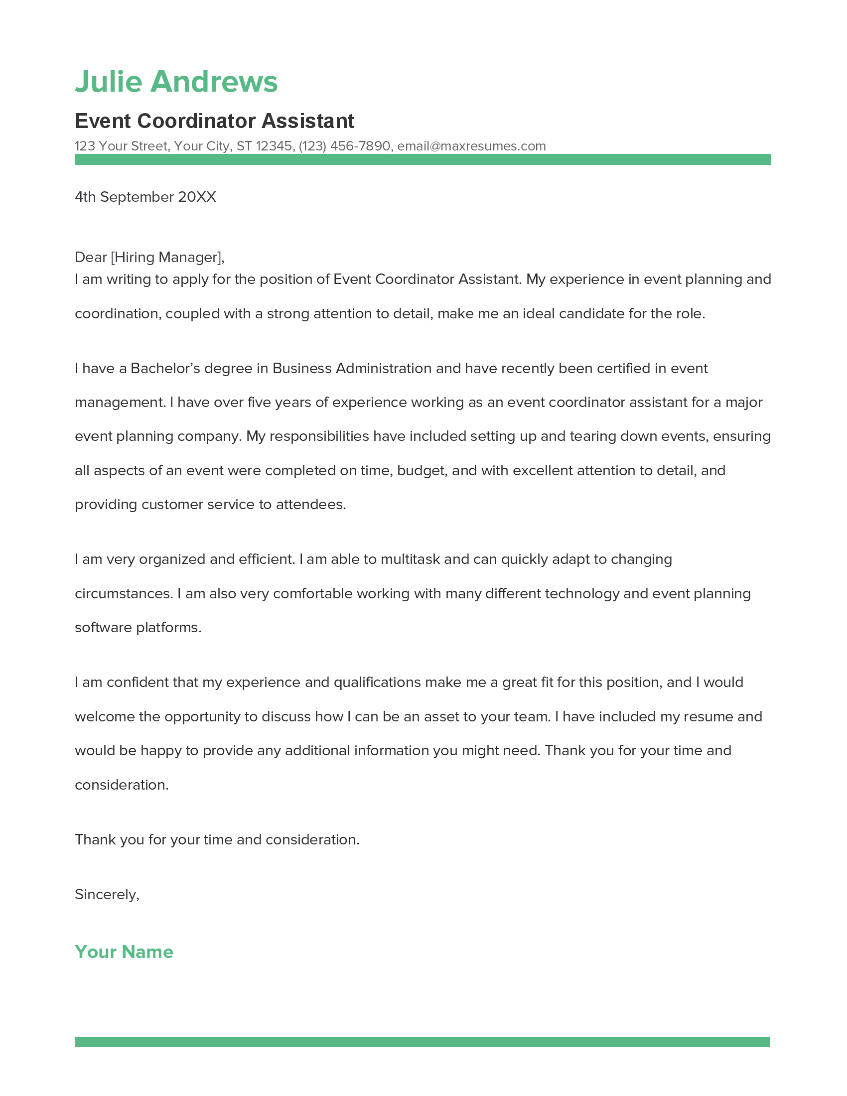 Event Coordinator Assistant Cover Letter Example