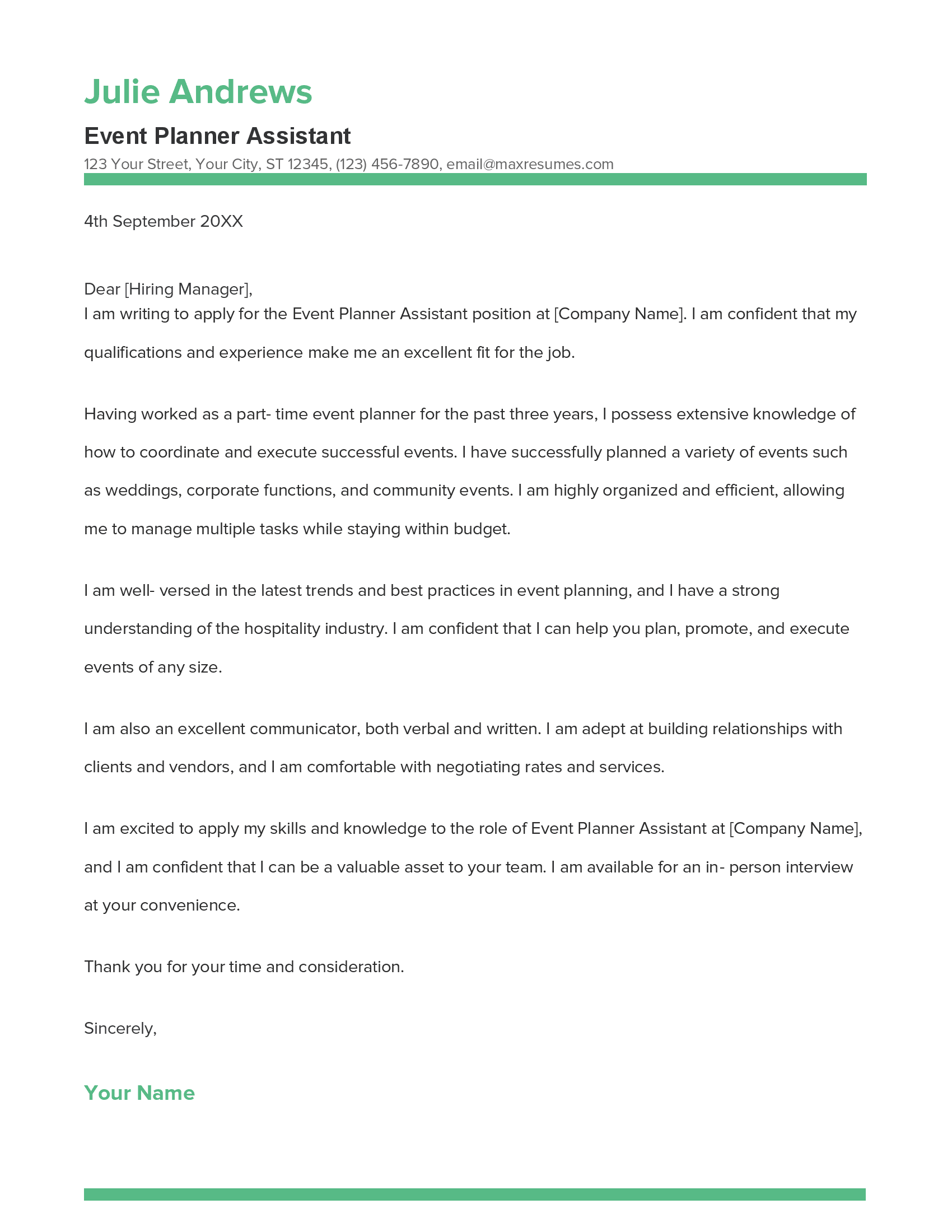 Event Planner Assistant Cover Letter Example