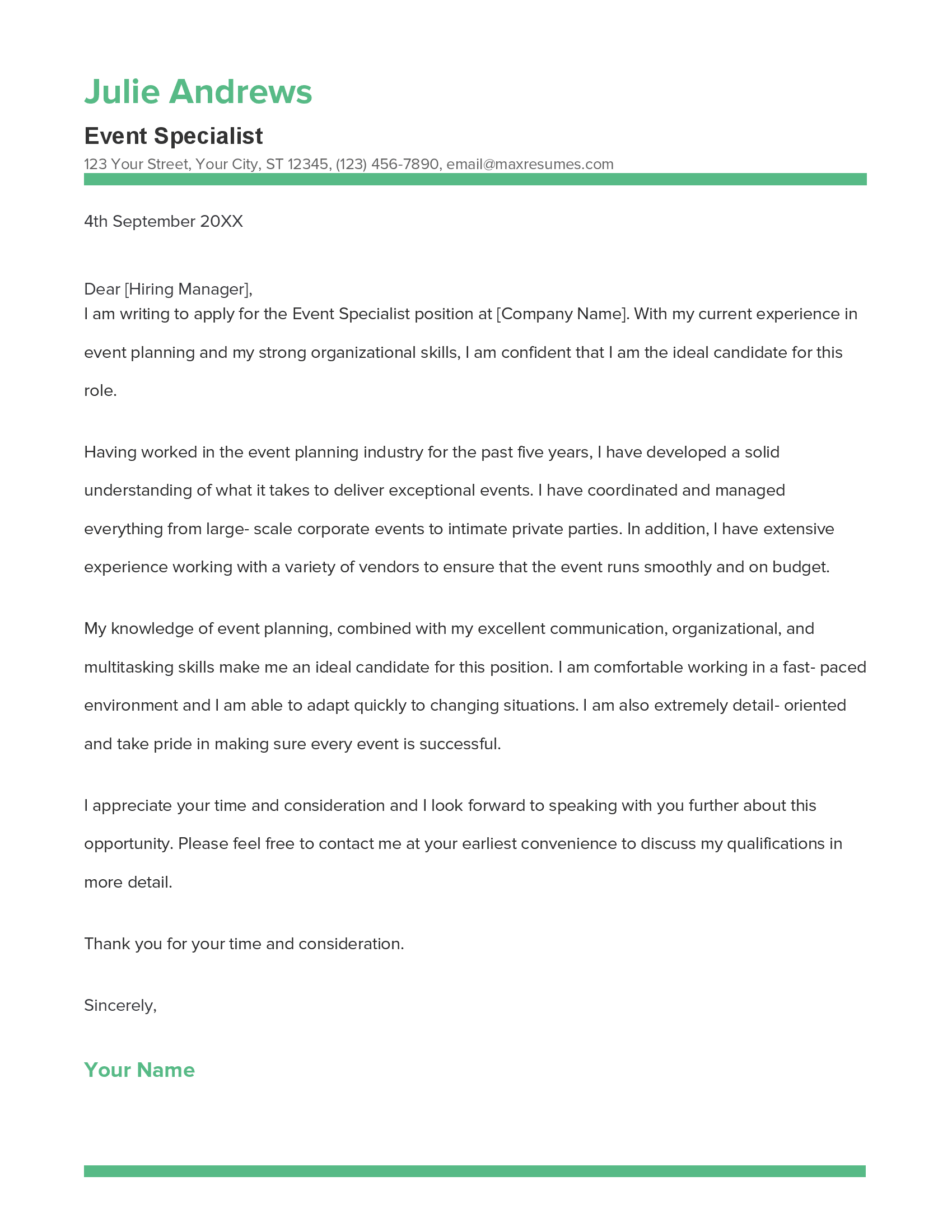 Event Specialist Cover Letter Example
