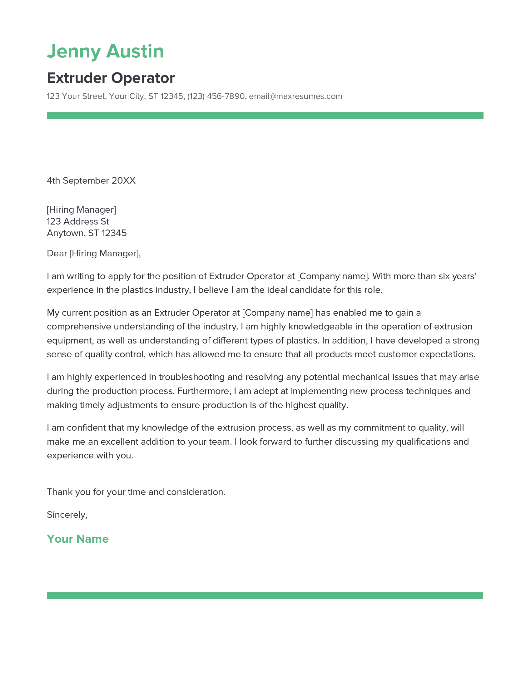 Extruder Operator Cover Letter Example