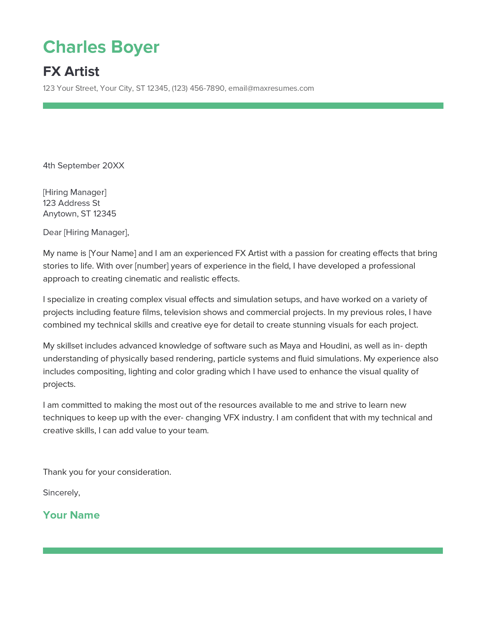 FX Artist Cover Letter Example