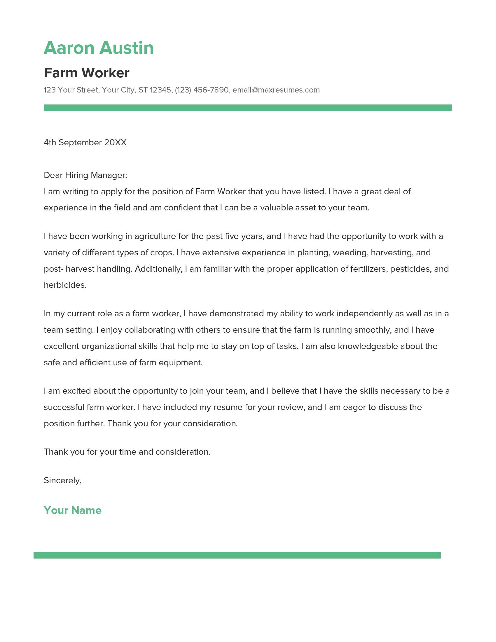 Farm Worker Cover Letter Example