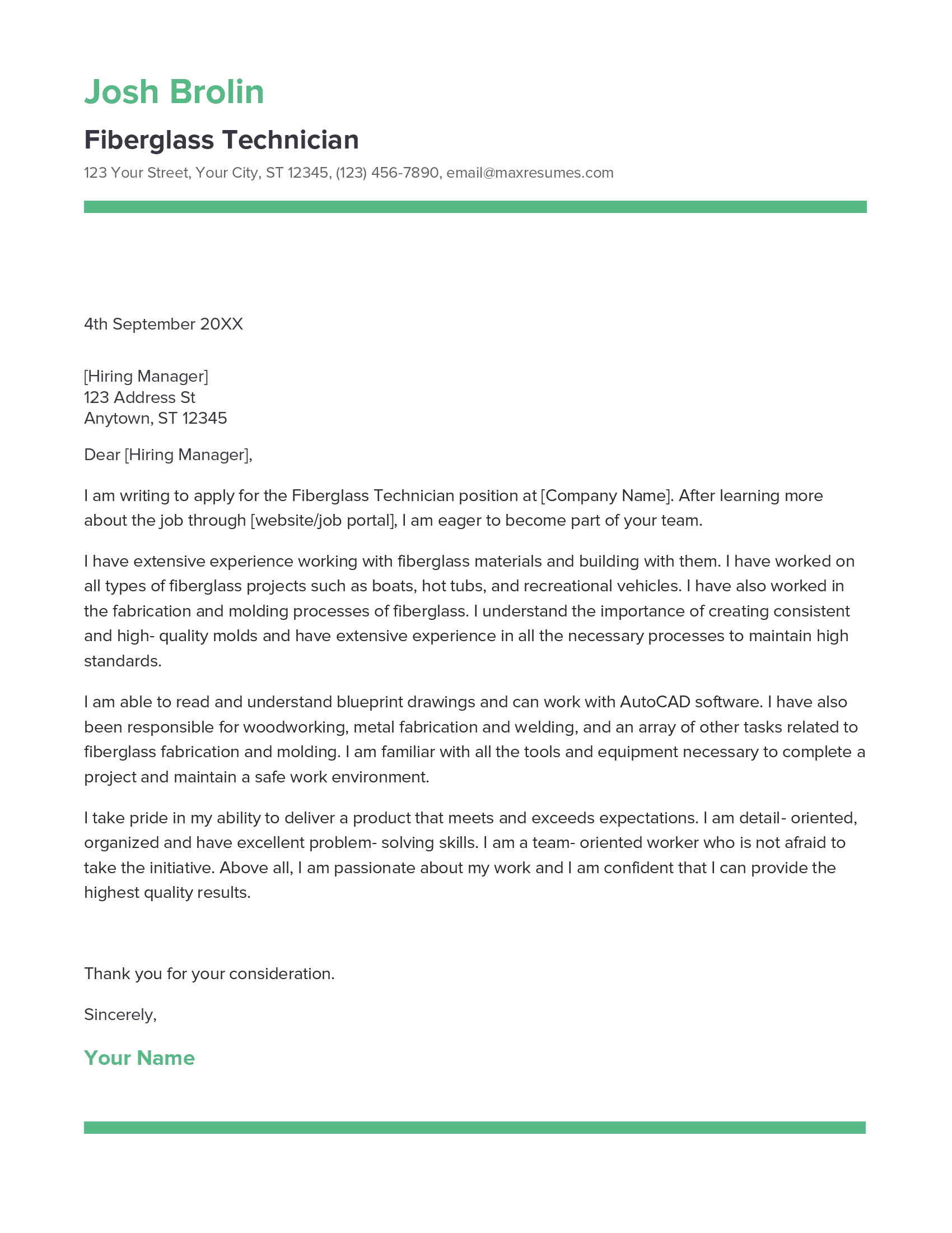Fiberglass Technician Cover Letter Example