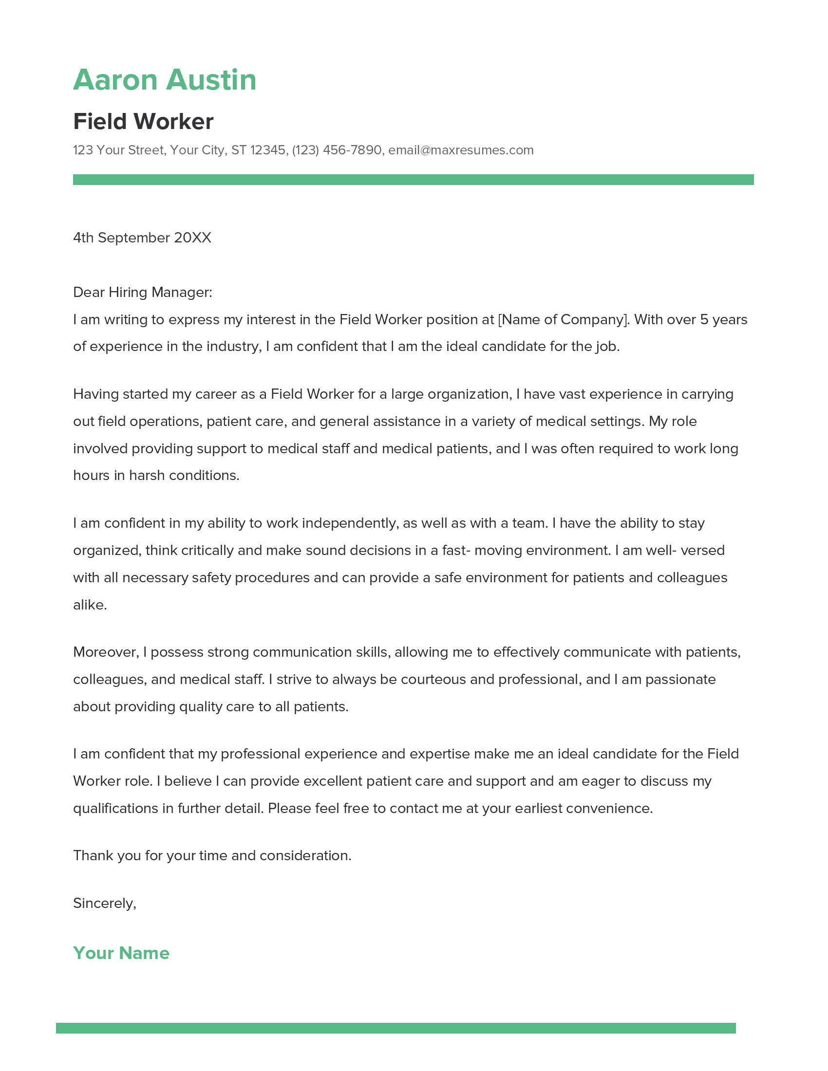 Field Worker Cover Letter Example