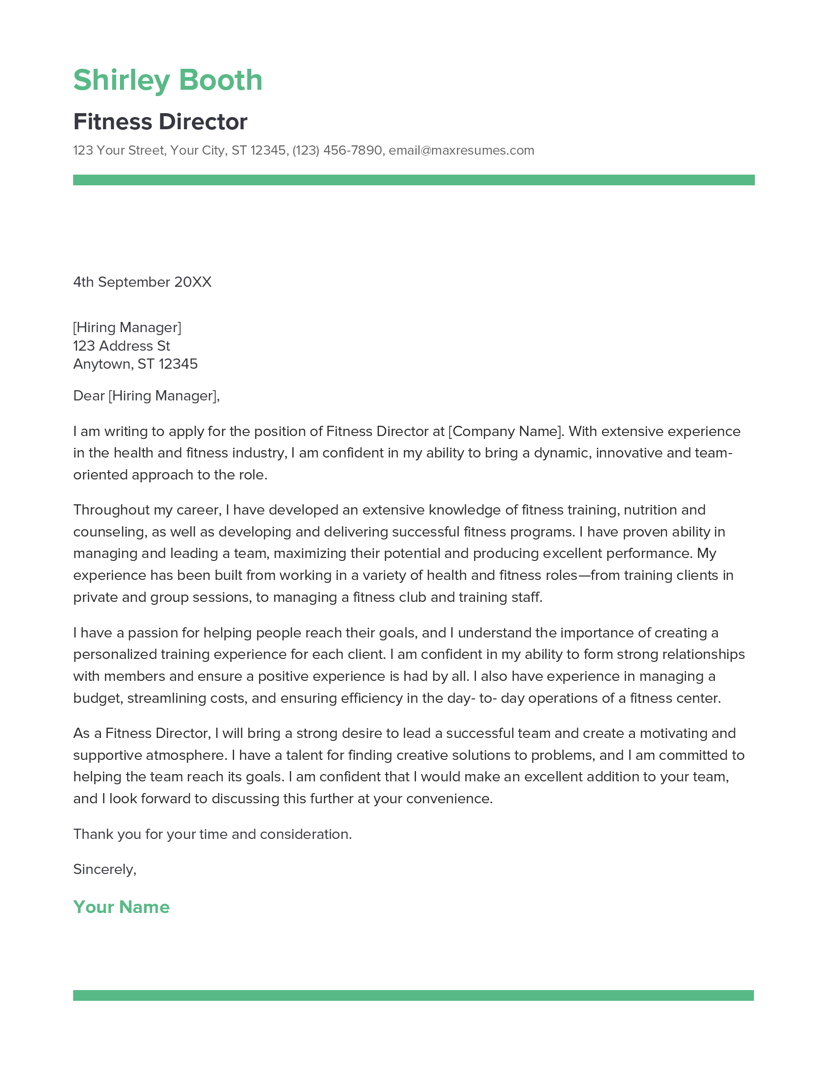 Fitness Director Cover Letter Example