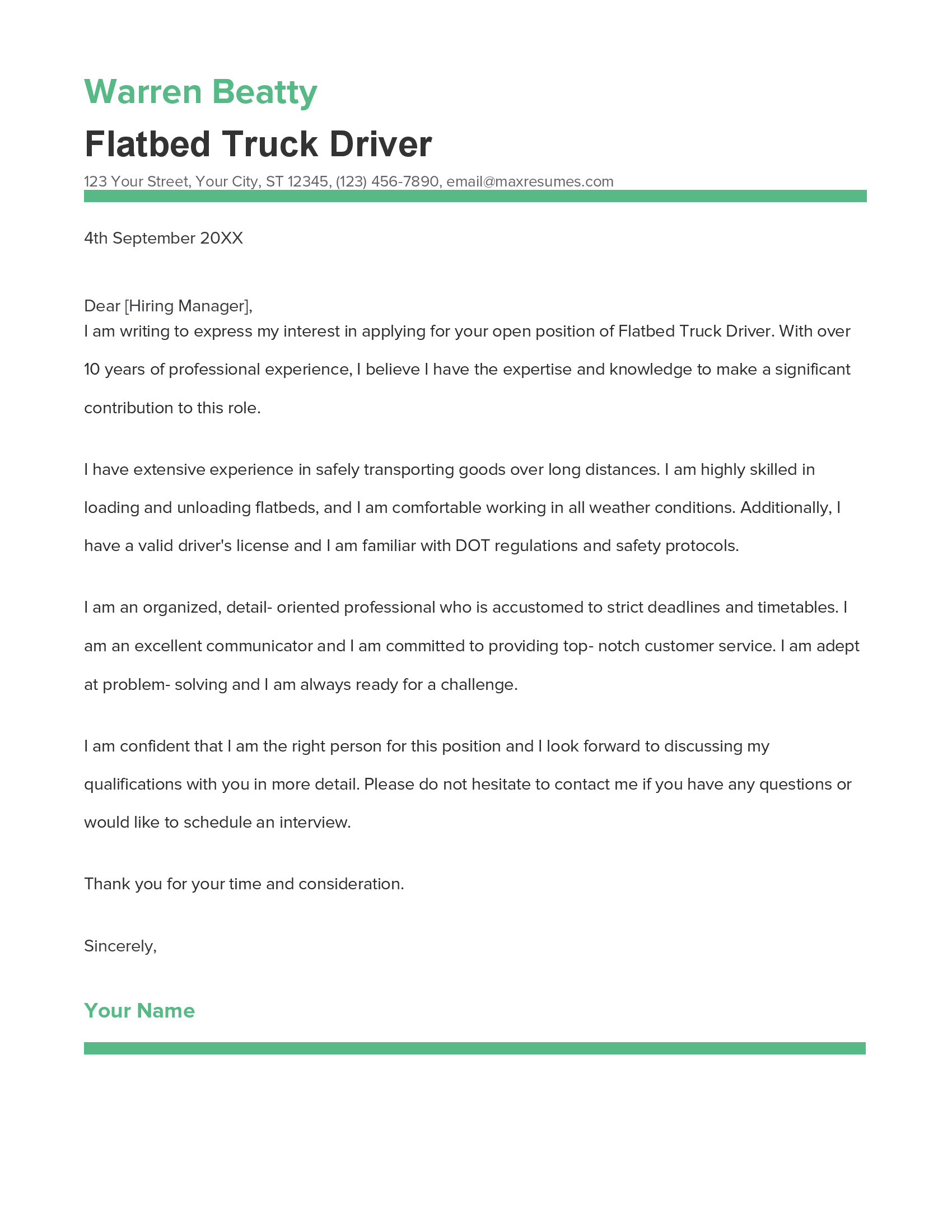 Flatbed Truck Driver Cover Letter Example