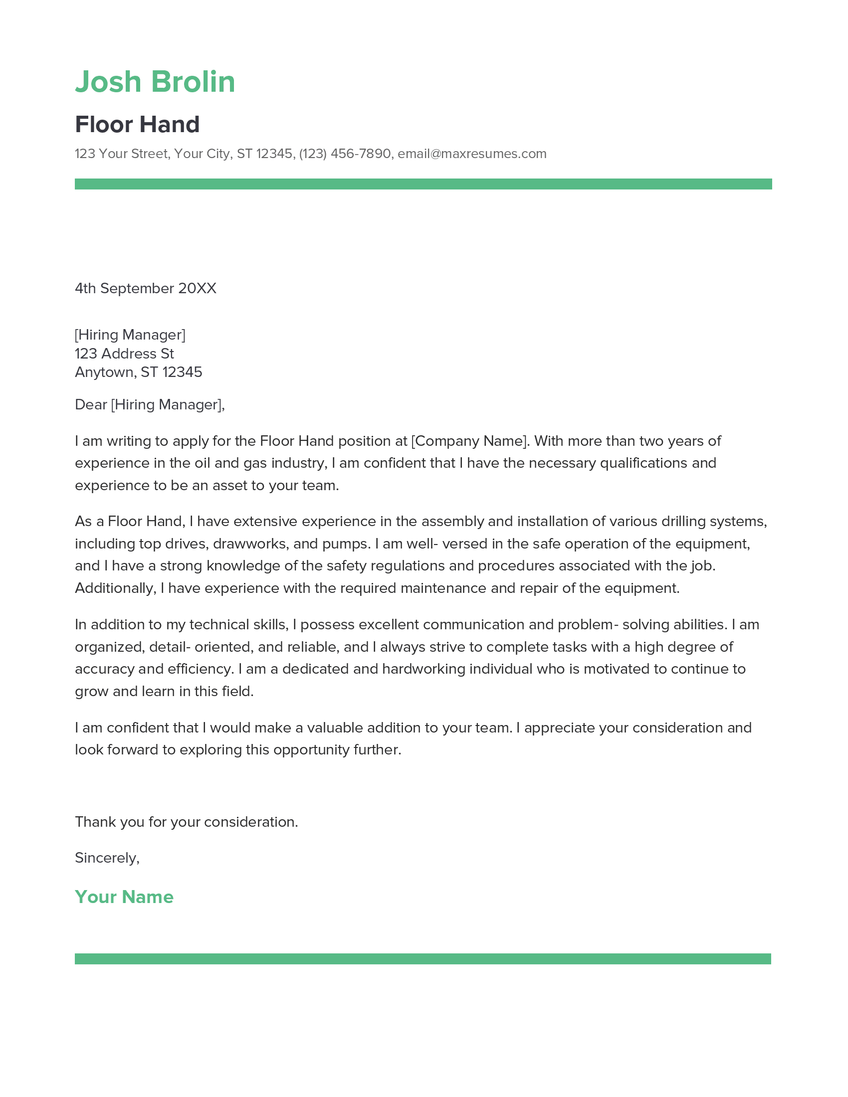 Floor Hand Cover Letter Example