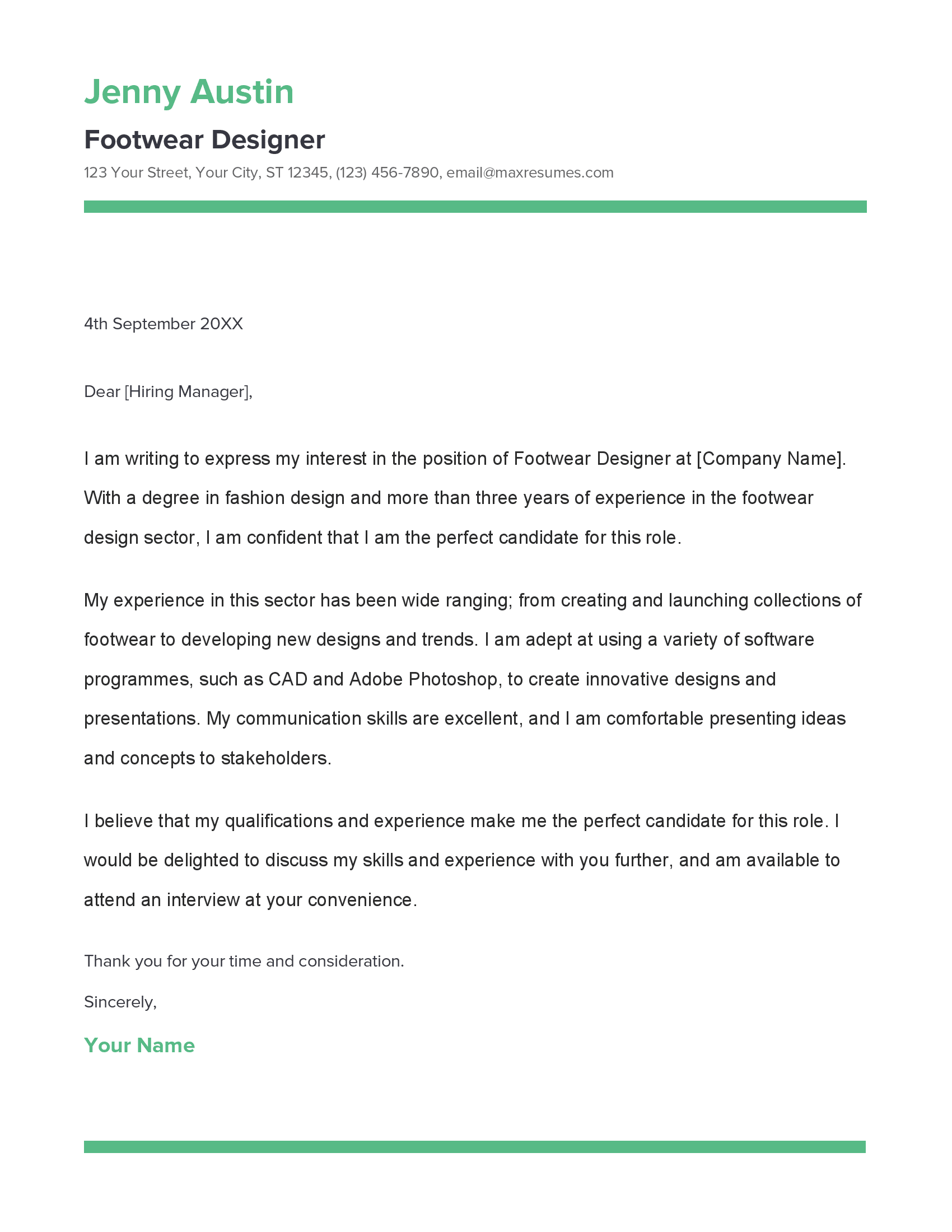Footwear Designer Cover Letter Example