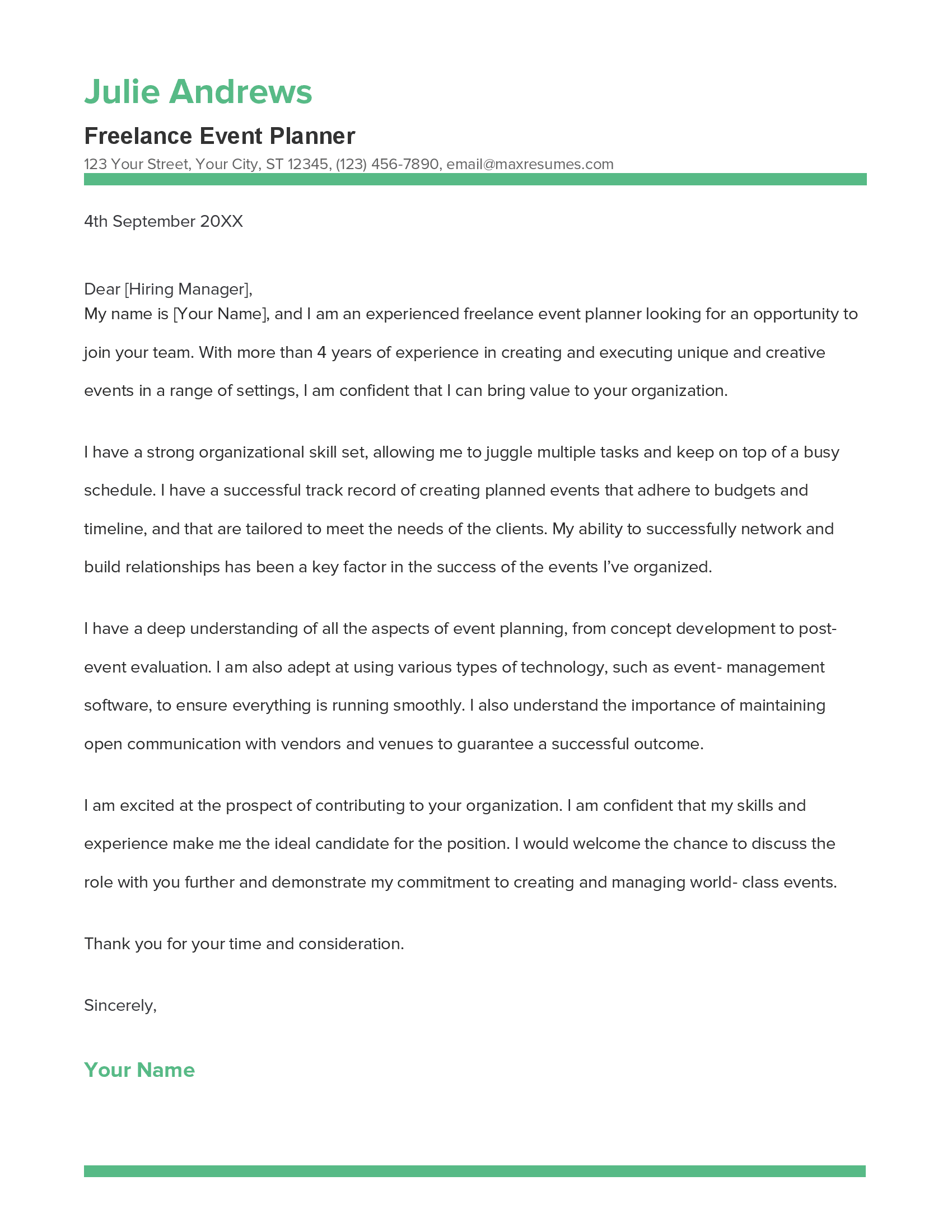Freelance Event Planner Cover Letter Example