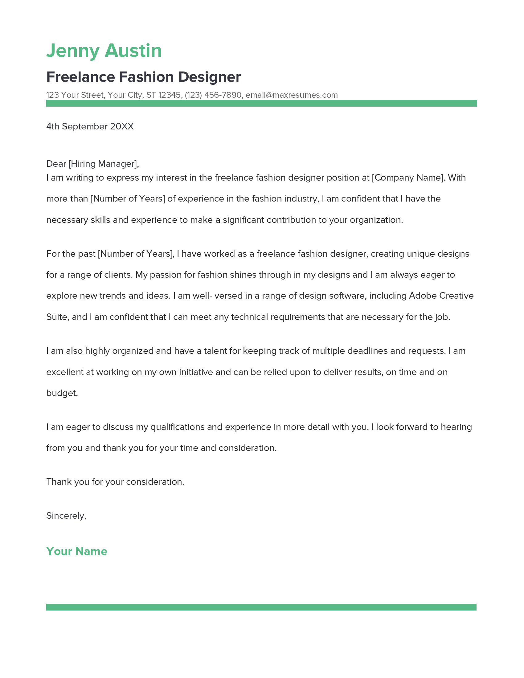 Freelance Fashion Designer Cover Letter Example