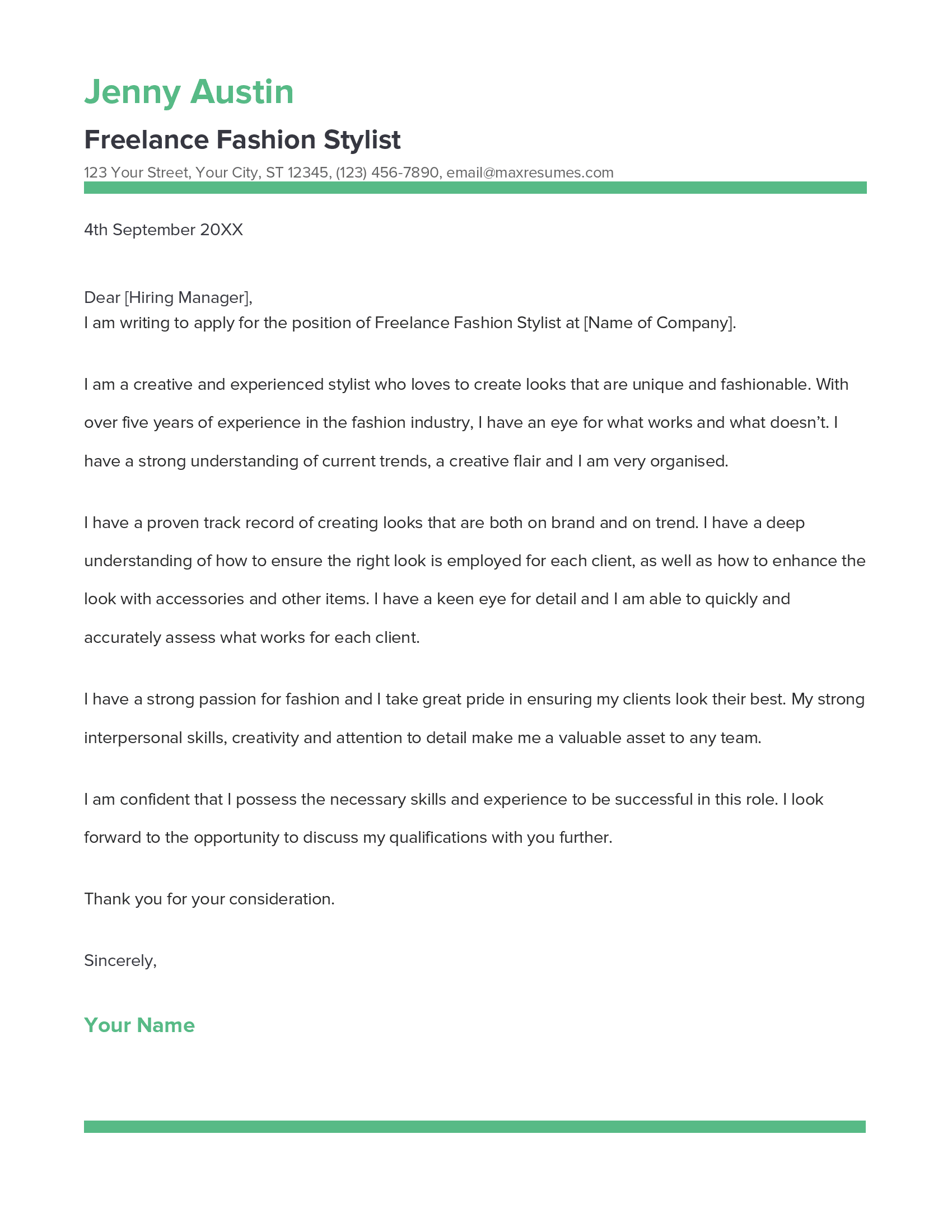 Freelance Fashion Stylist Cover Letter Example