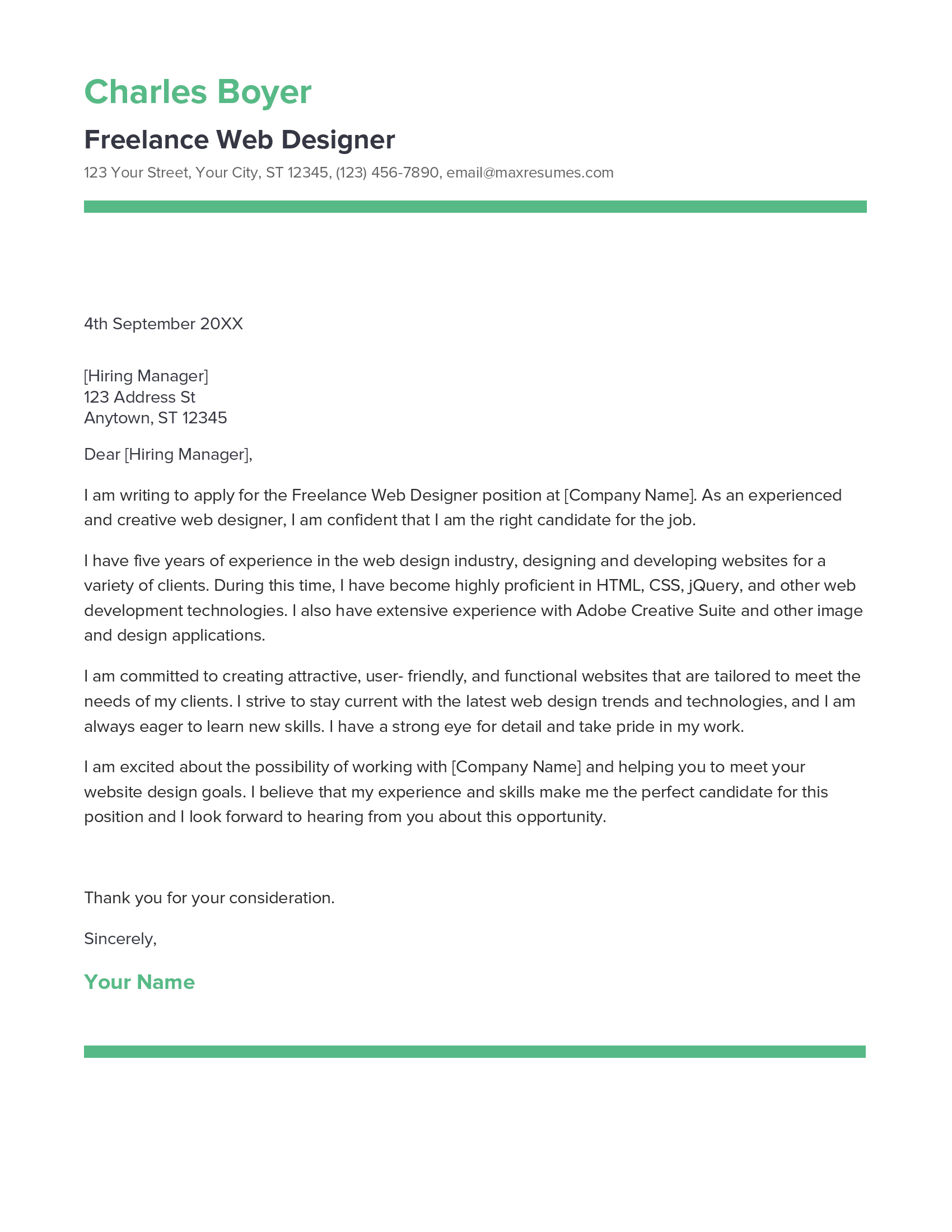 Freelance Web Designer Cover Letter Example