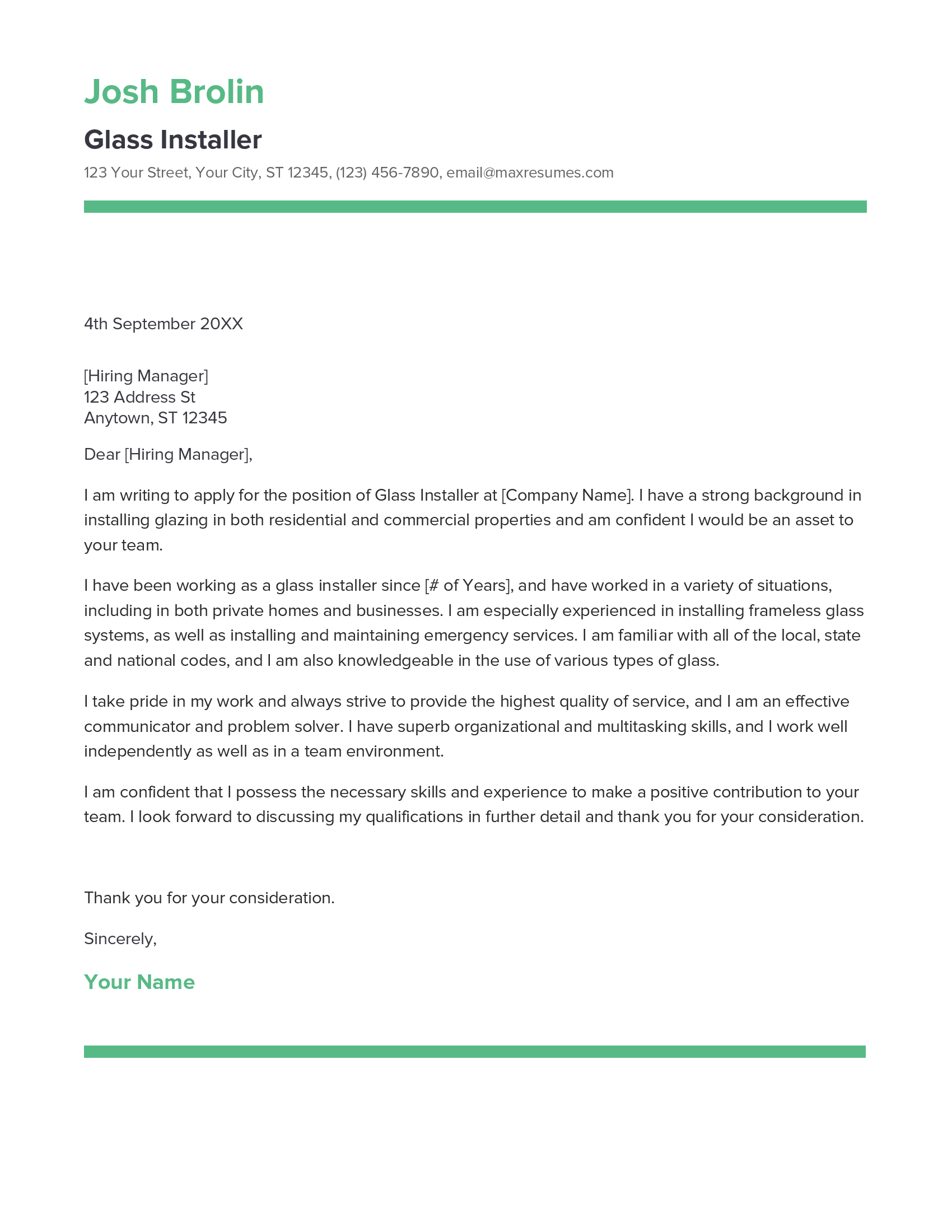 Glass Installer Cover Letter Example