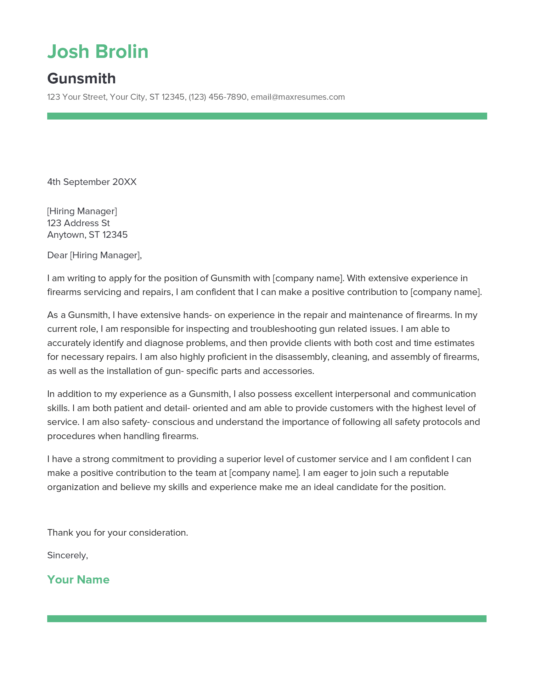 Gunsmith Cover Letter Example