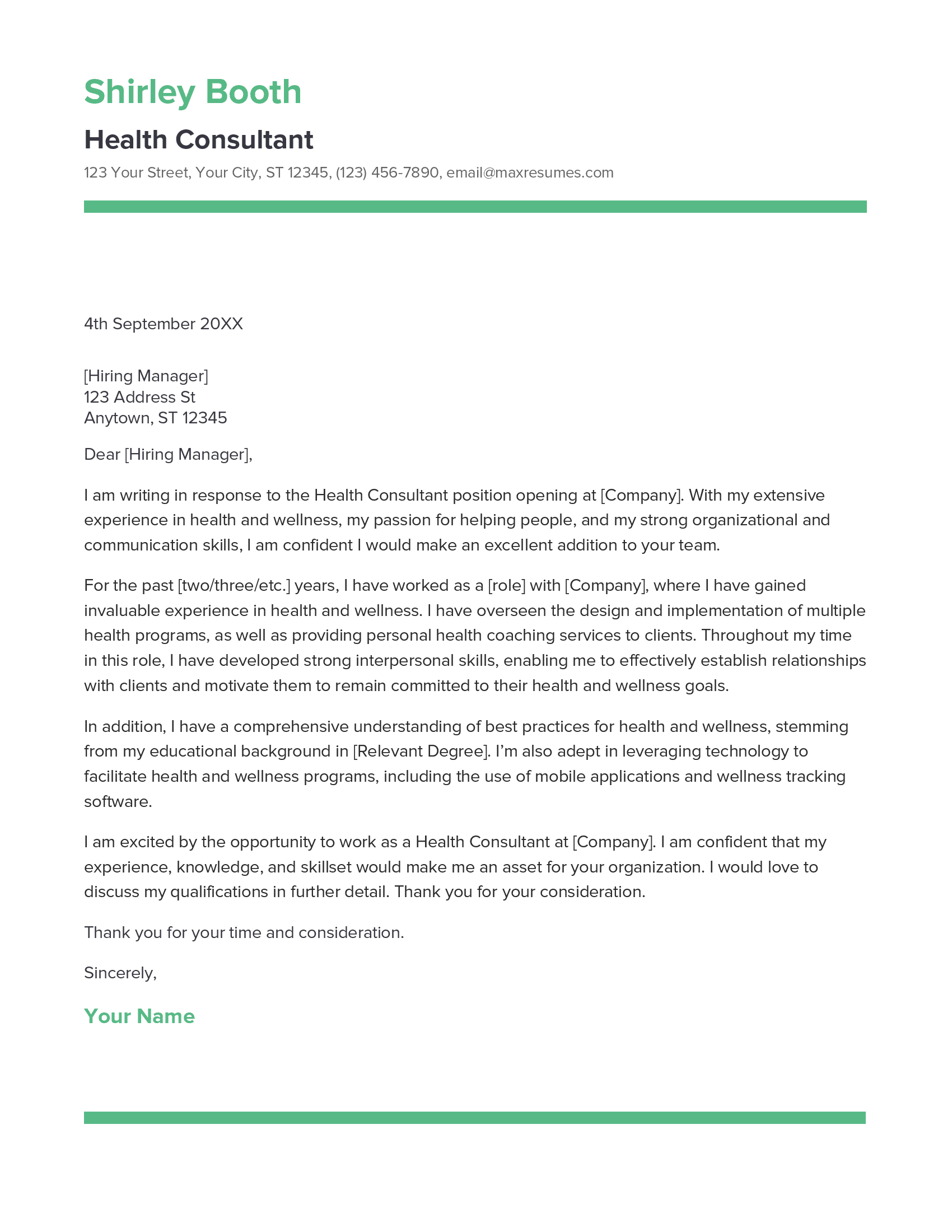 Health Consultant Cover Letter Example