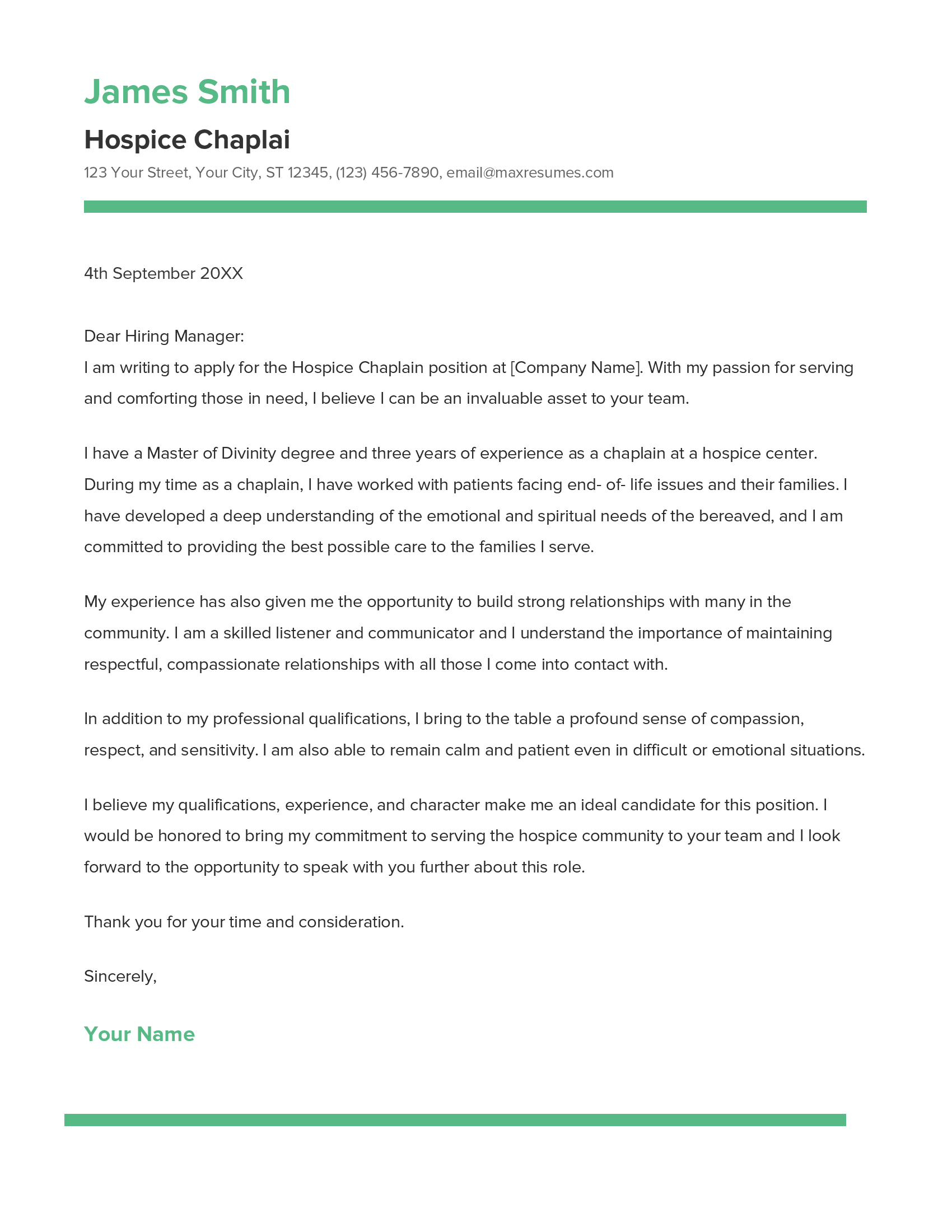 Hospice Chaplain Cover Letter Example