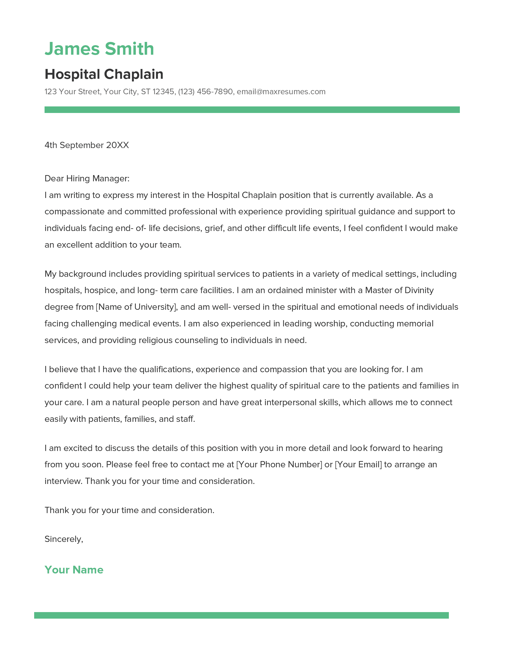 Hospital Chaplain Cover Letter Example