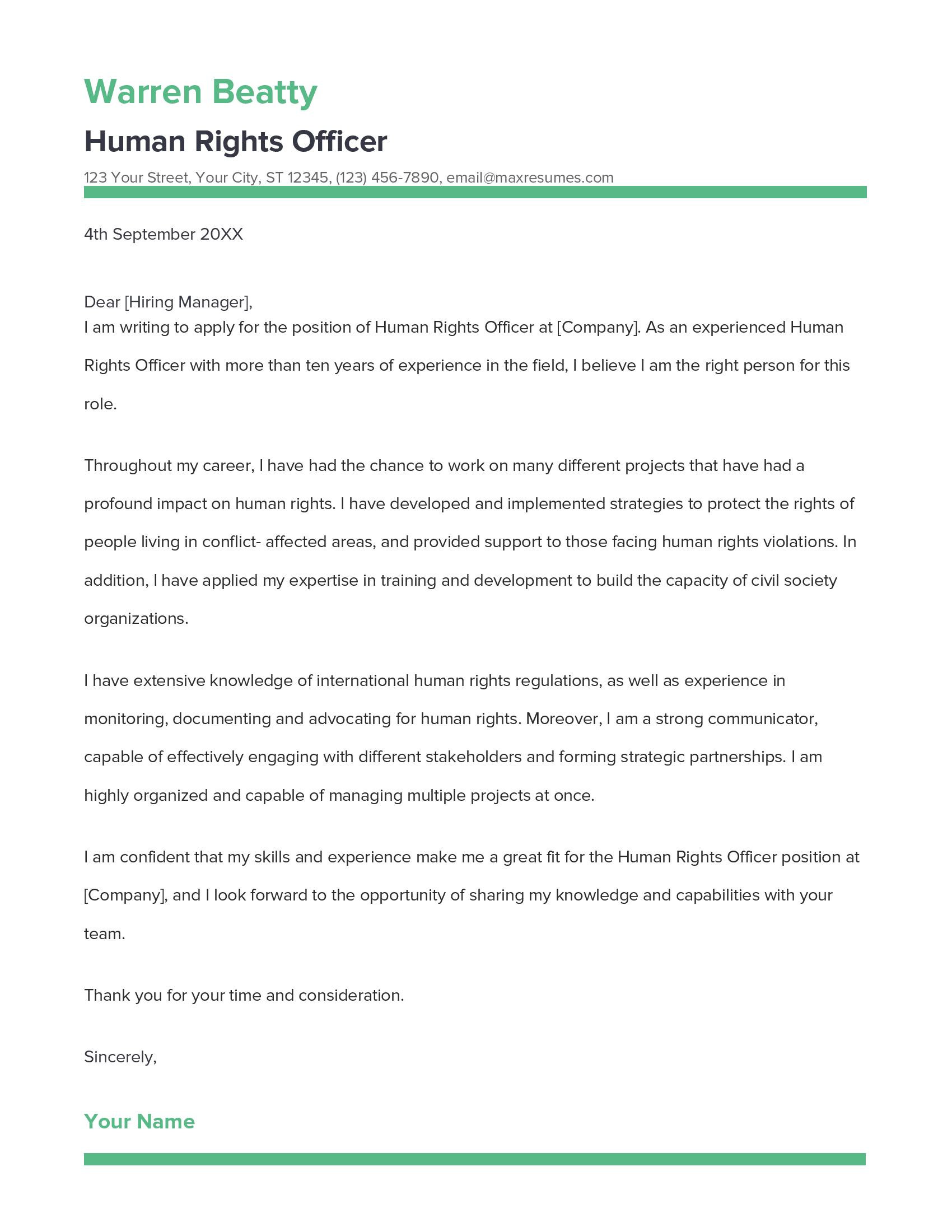 Human Rights Officer Cover Letter Example