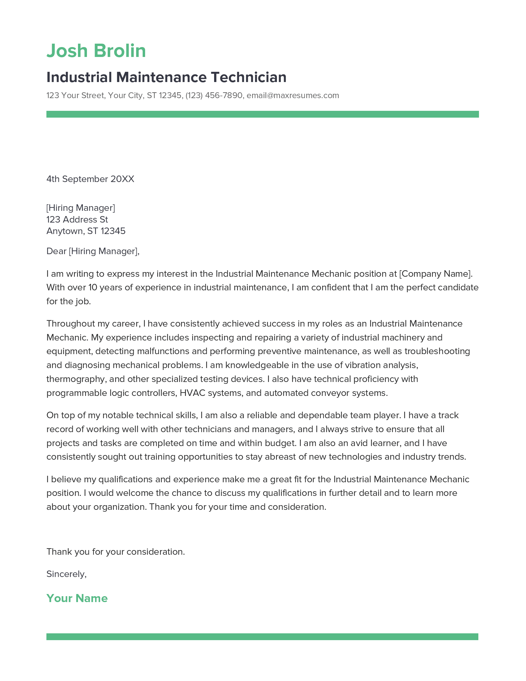 Industrial Maintenance Mechanic Cover Letter Example