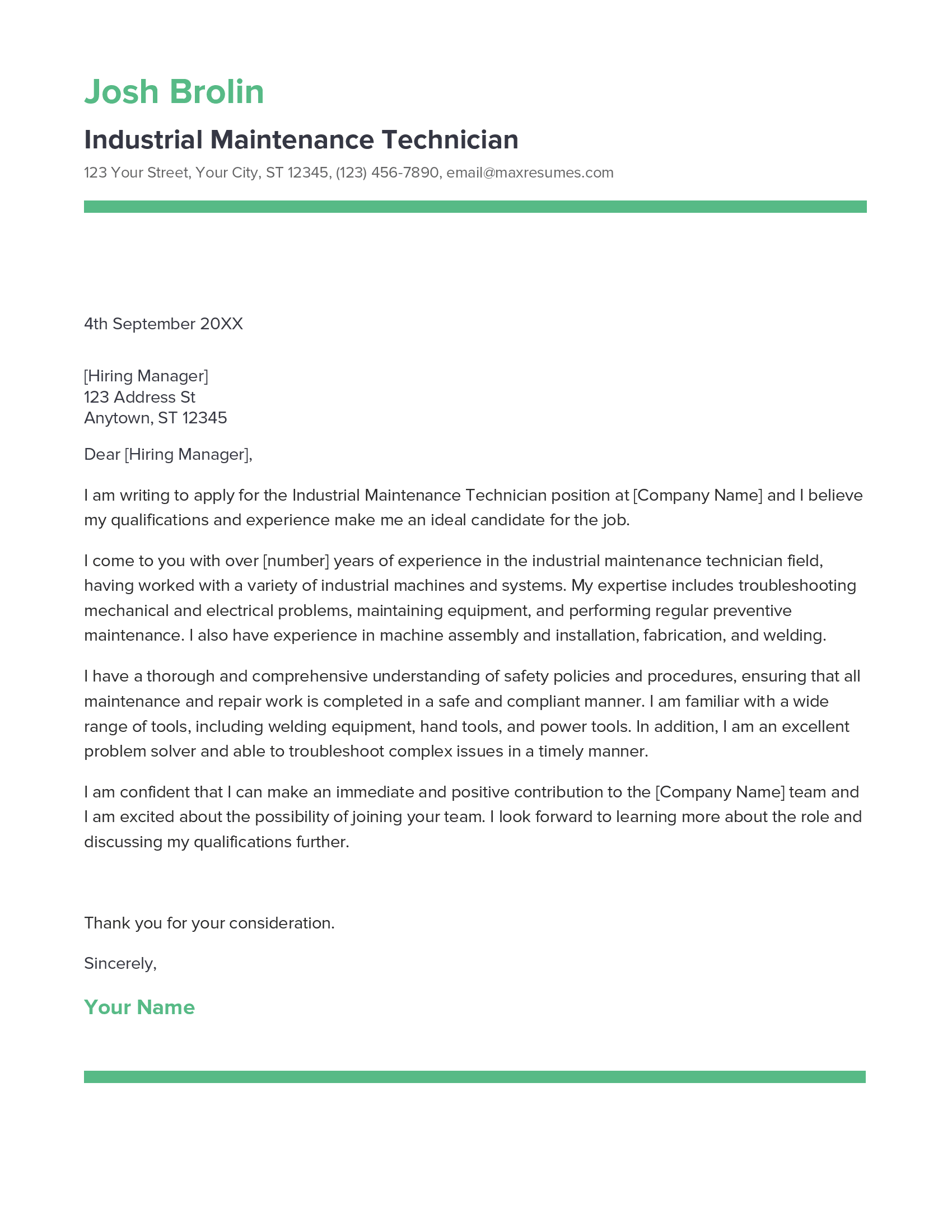 Industrial Maintenance Technician Cover Letter Example