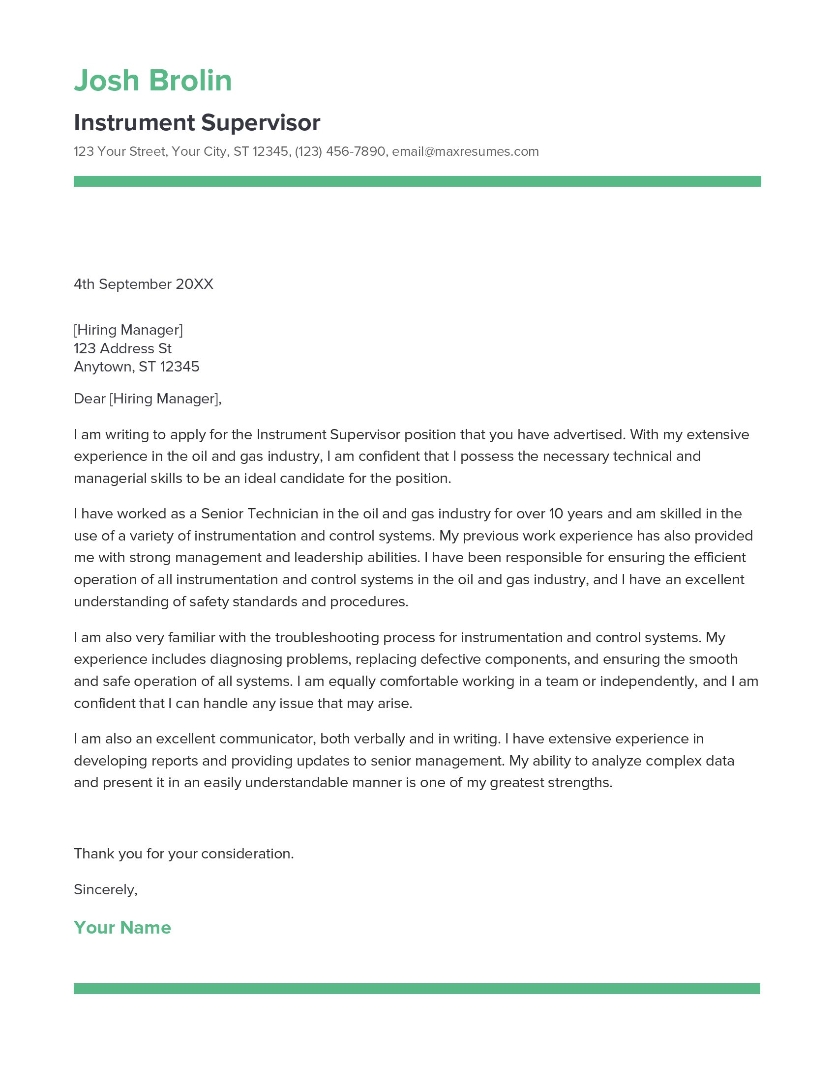 Instrument Supervisor Cover Letter Example