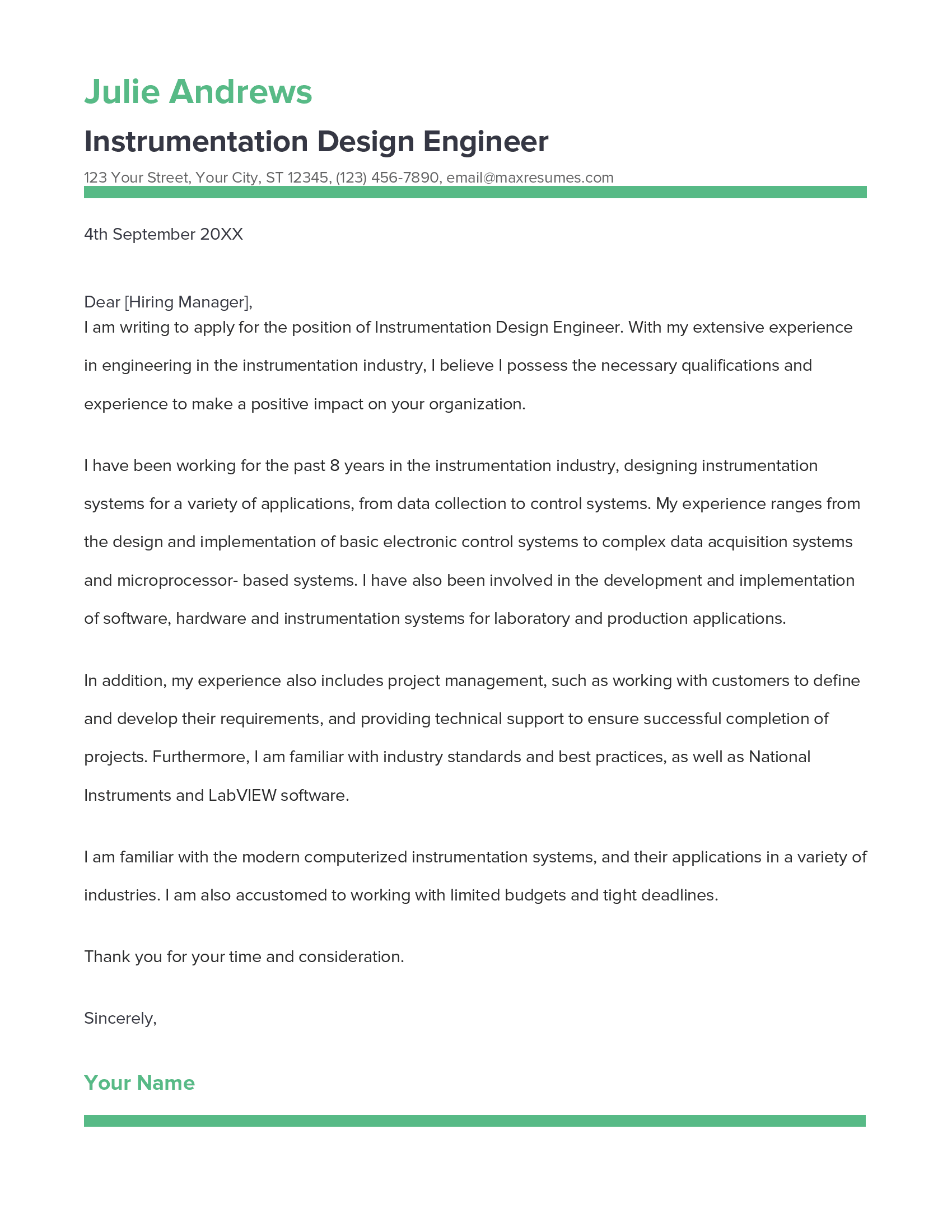 Instrumentation Design Engineer Cover Letter Example