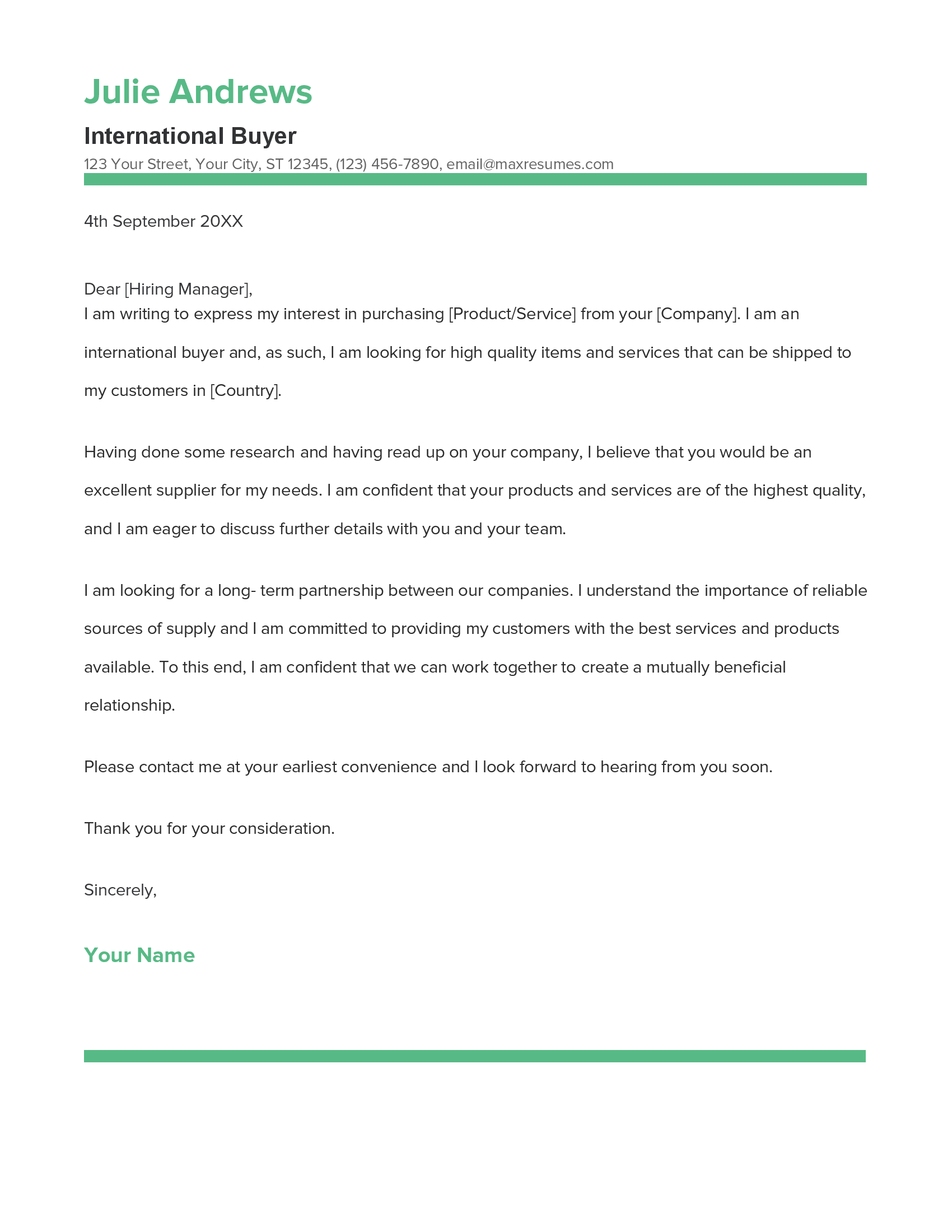 International Buyer Cover Letter Example