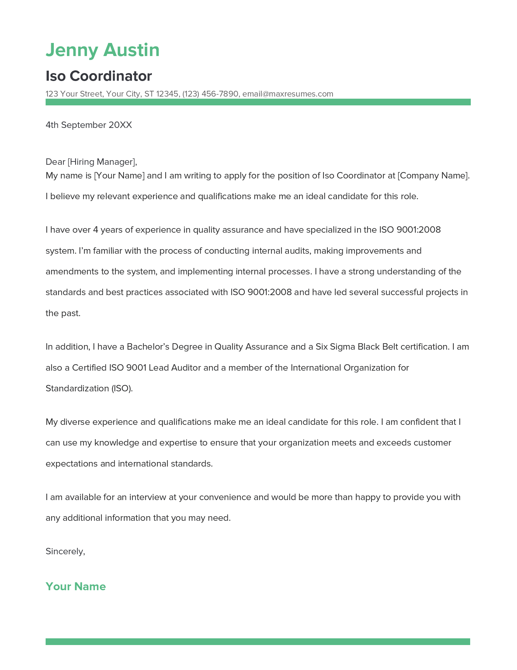 Iso Coordinator Cover Letter Example