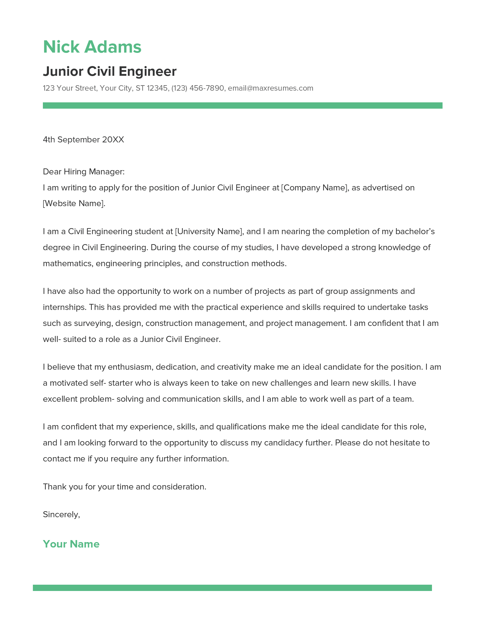 Junior Civil Engineer Cover Letter Example