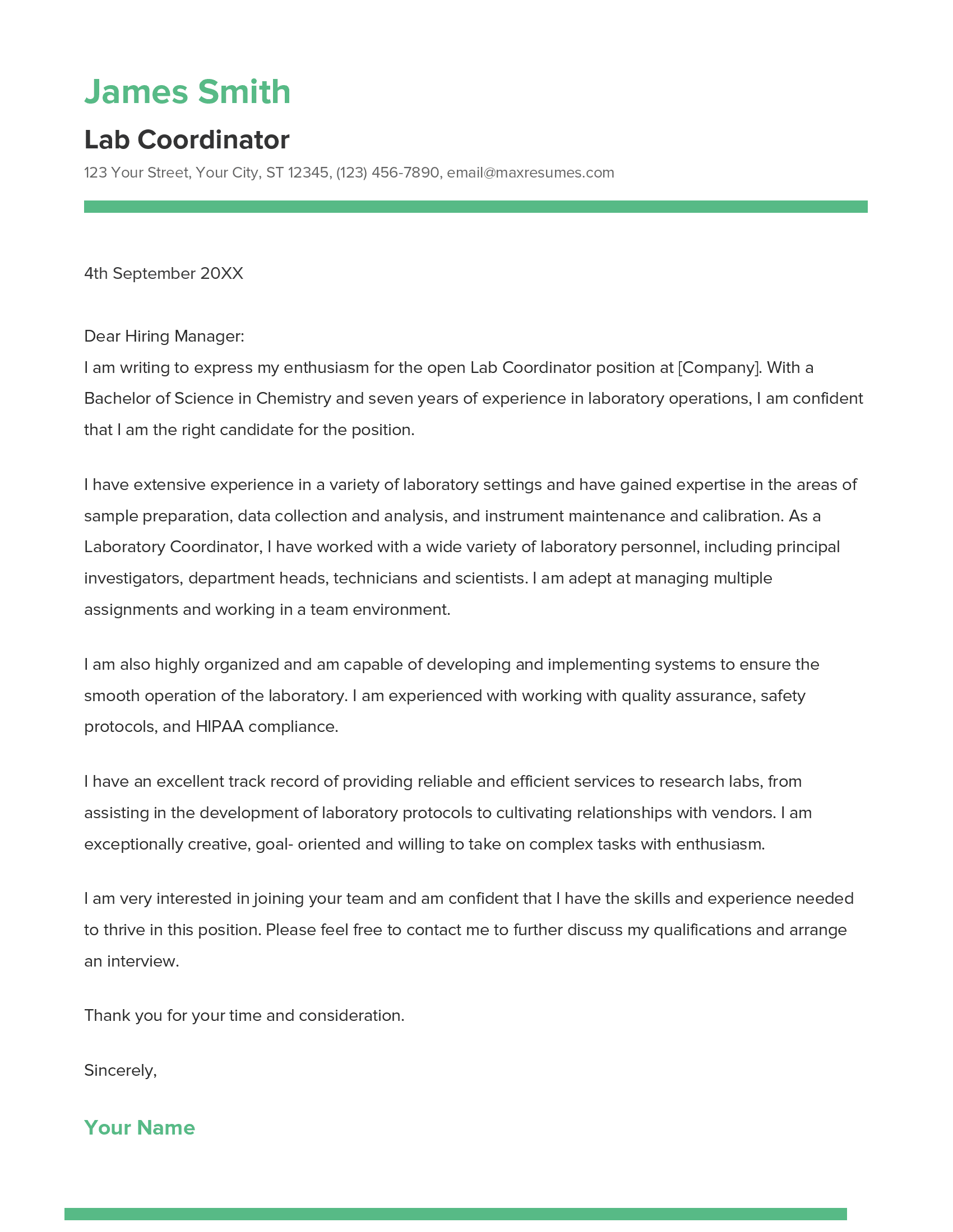 Lab Coordinator Cover Letter Example