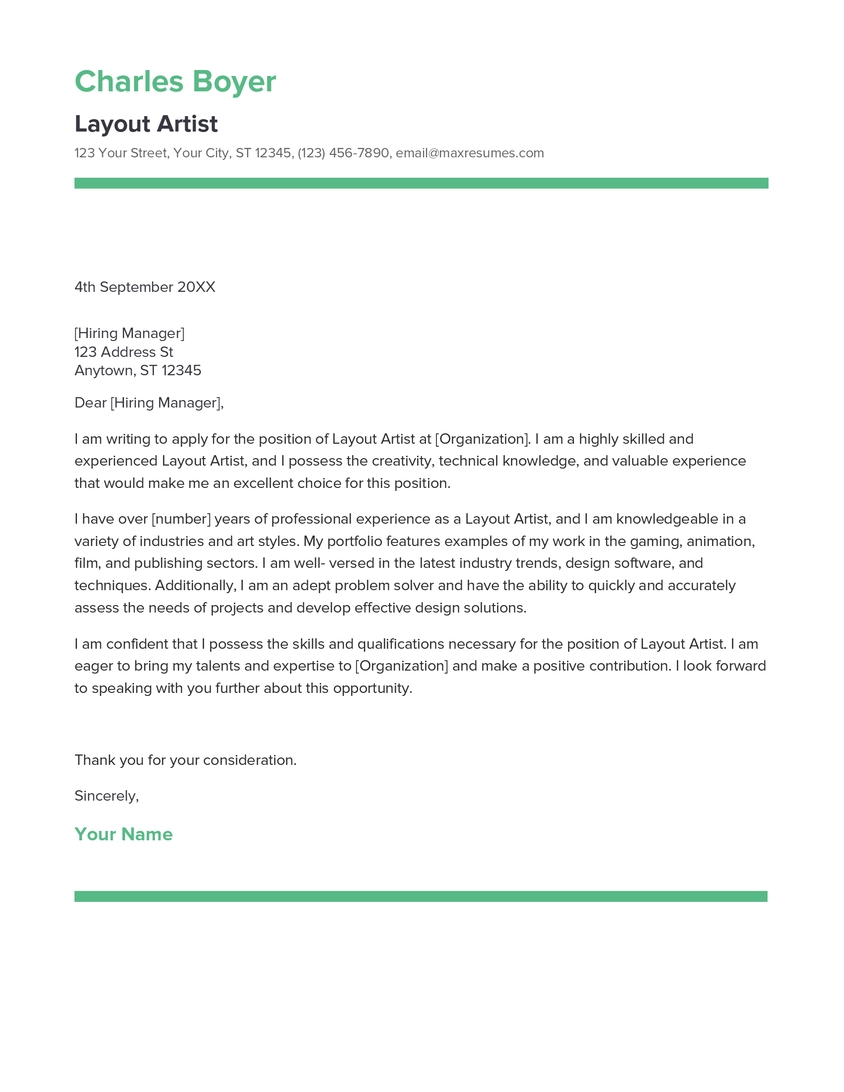 Layout Artist Cover Letter Example