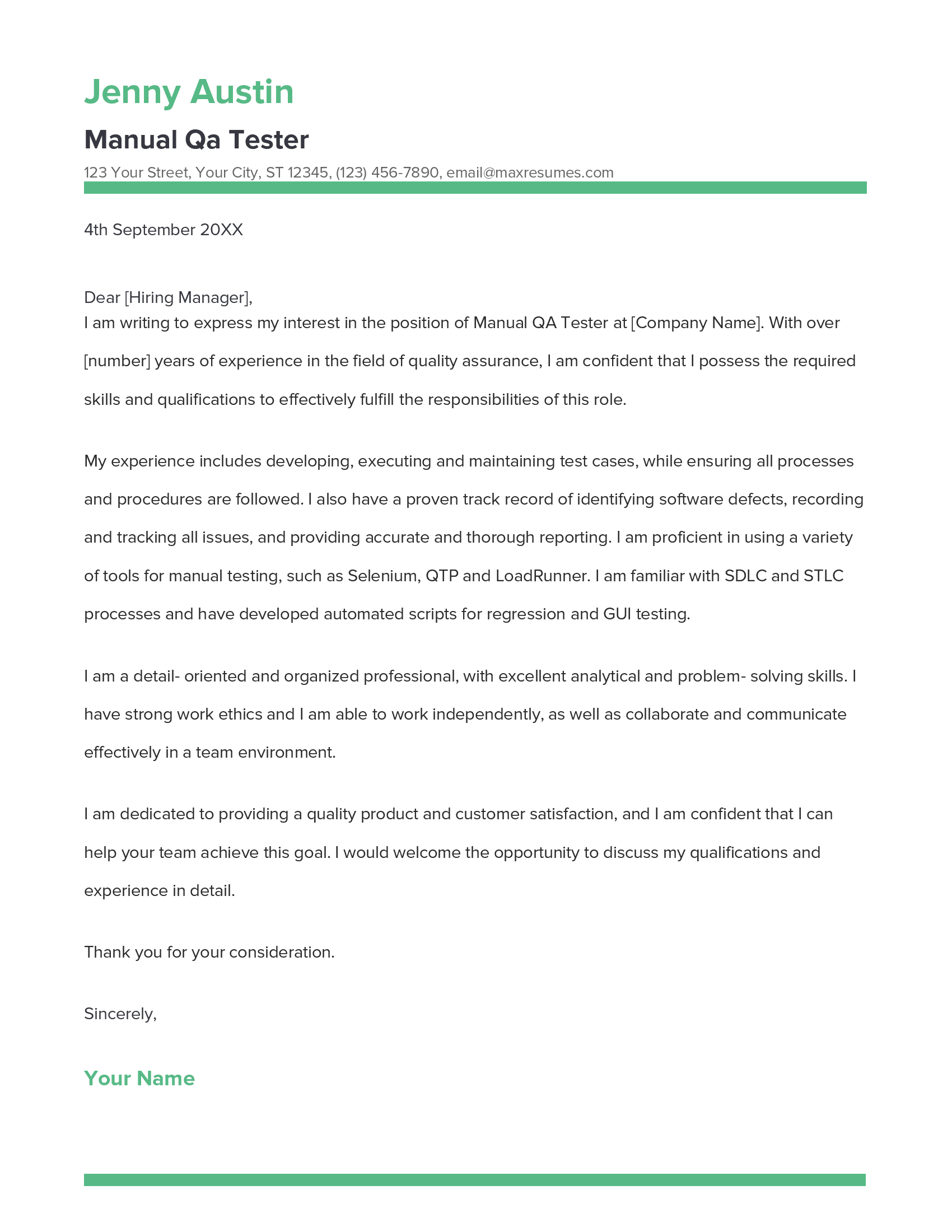 Manual Qa Tester Cover Letter Example