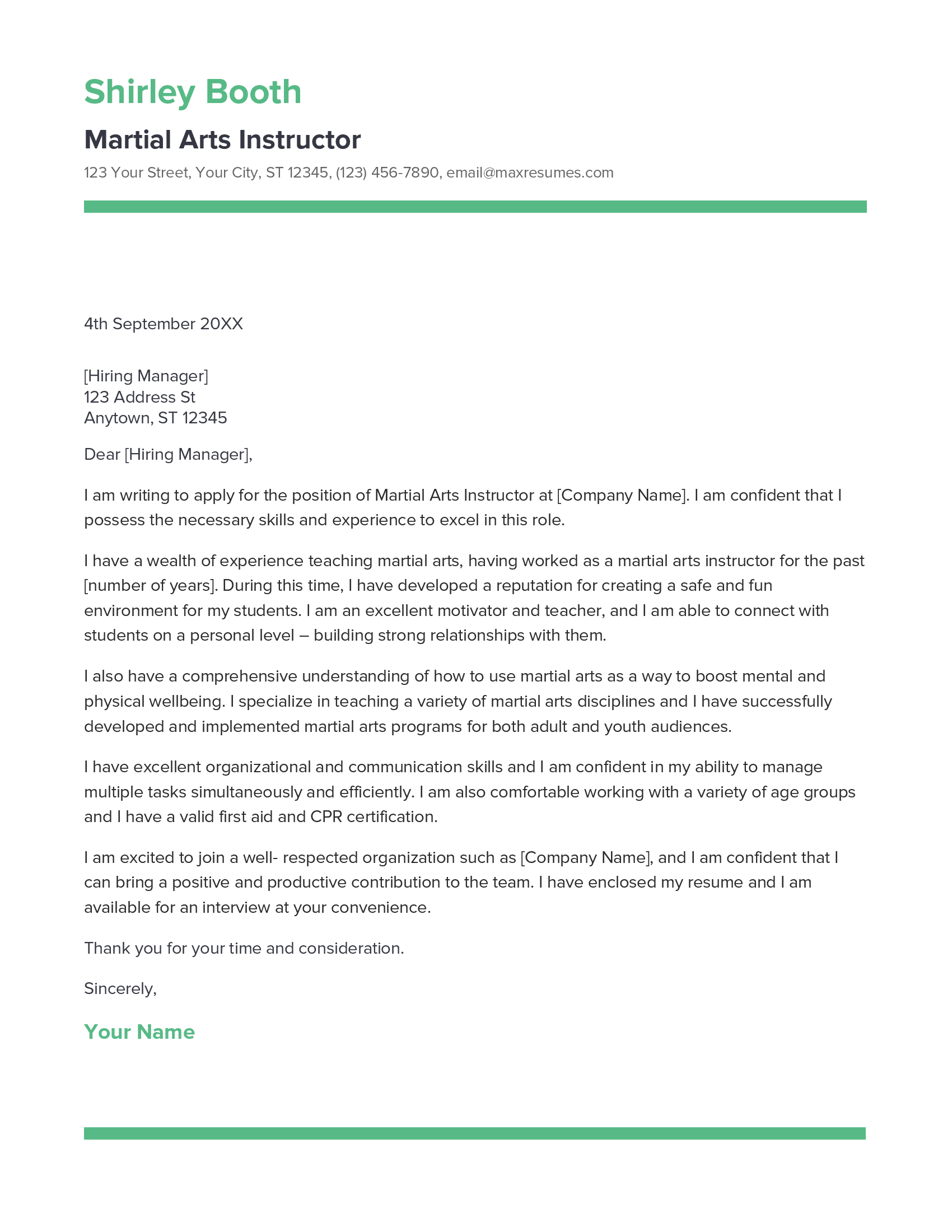 Martial Arts Instructor Cover Letter Example