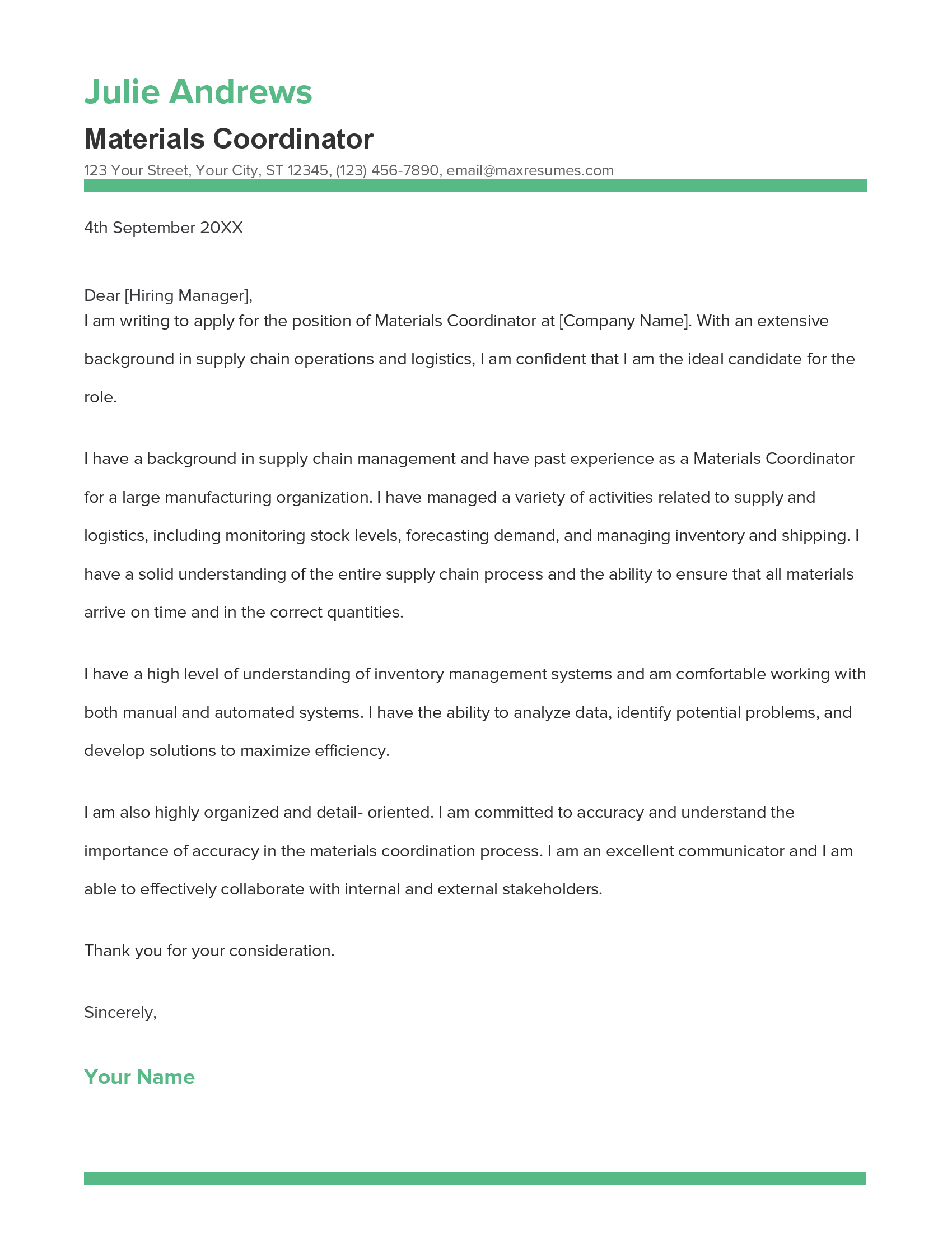 Materials Coordinator Cover Letter Example