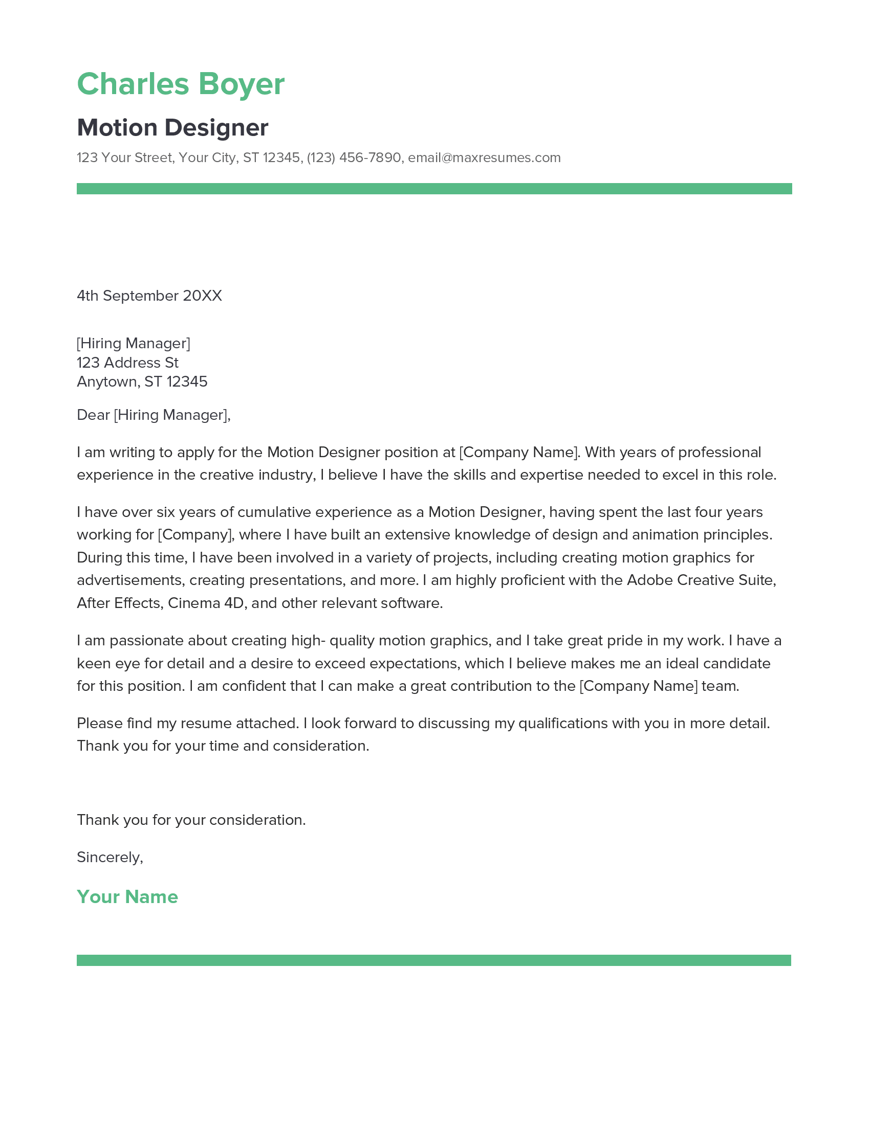 Motion Designer Cover Letter Example