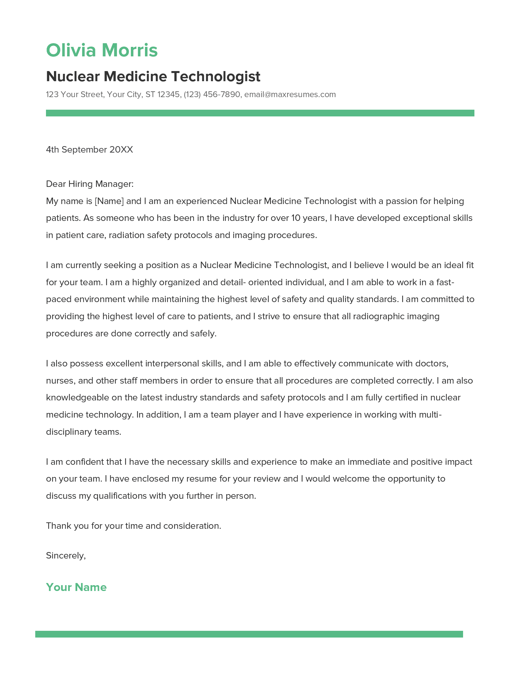 Nuclear Medicine Technologist Cover Letter Example