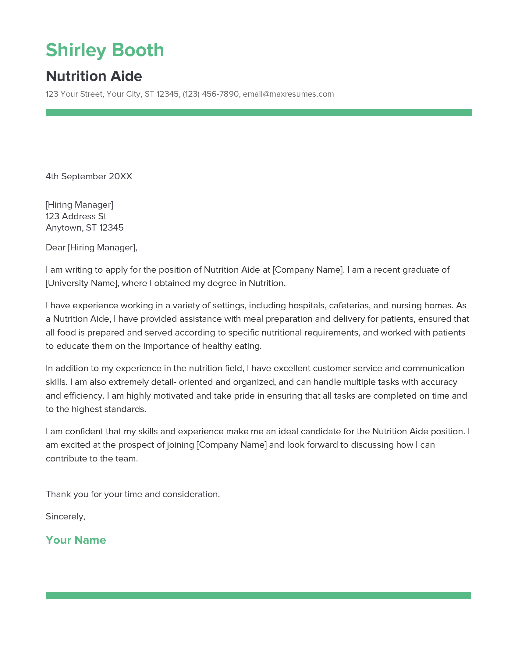 Nutrition Aide Cover Letter Example