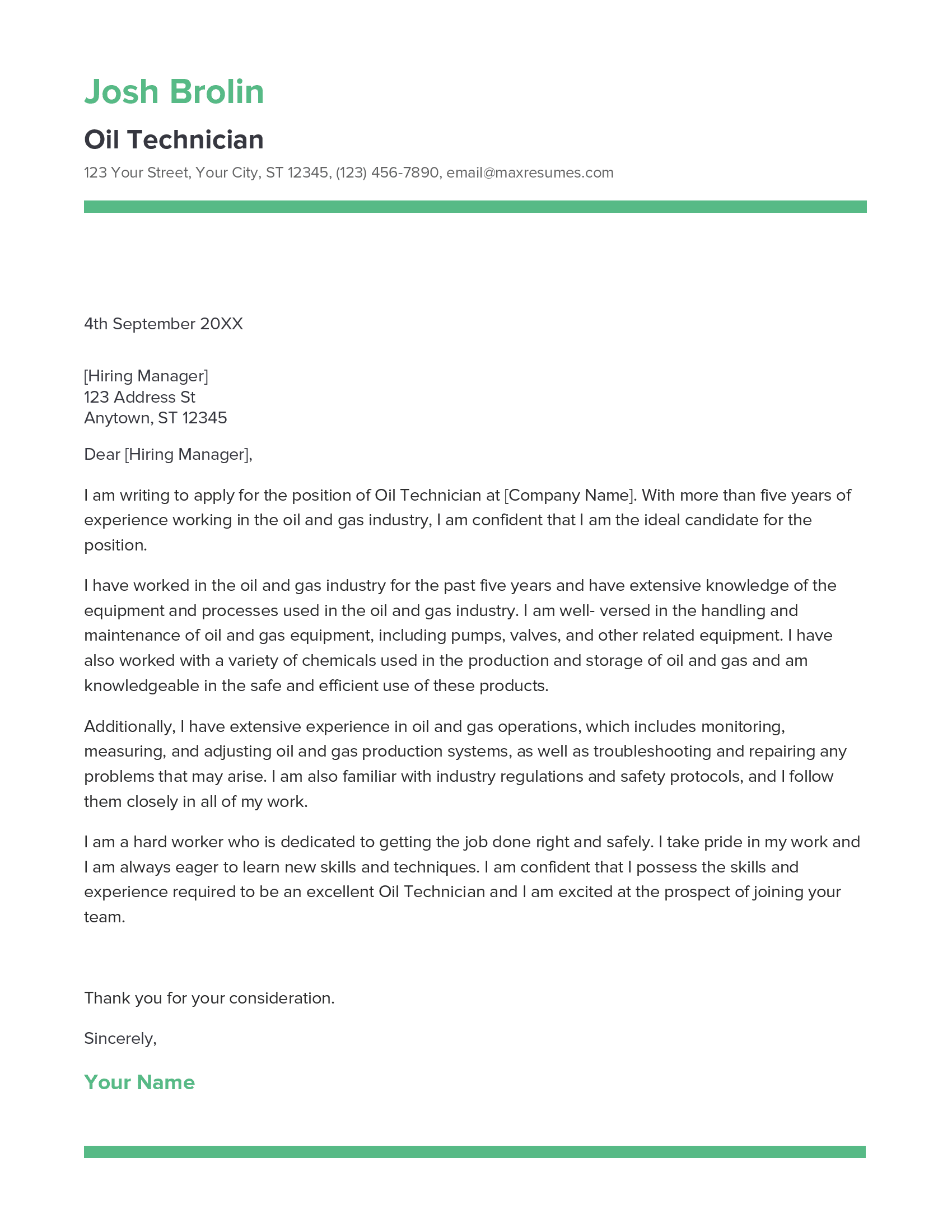 Oil Technician Cover Letter Example