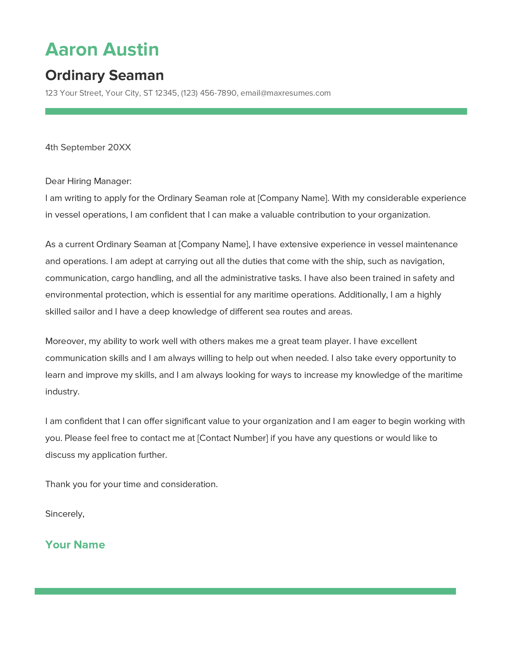 Ordinary Seaman Cover Letter Example