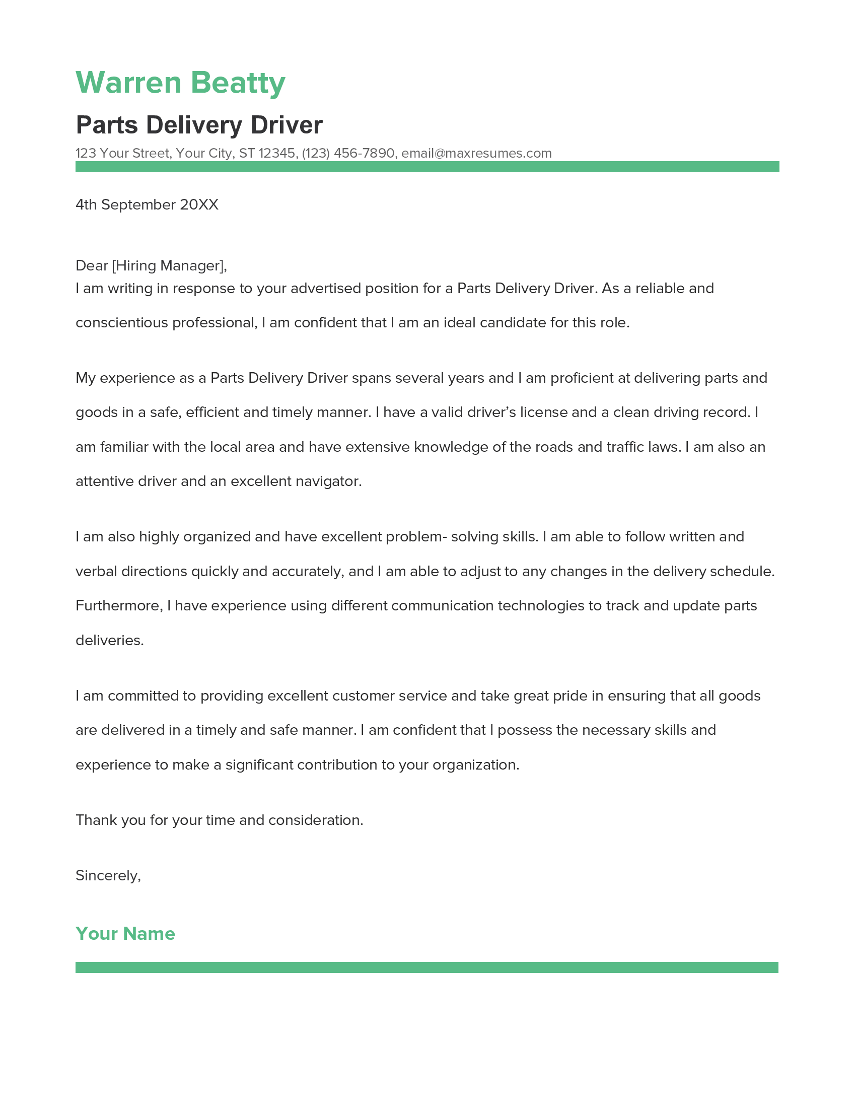 Parts Delivery Driver Cover Letter Example