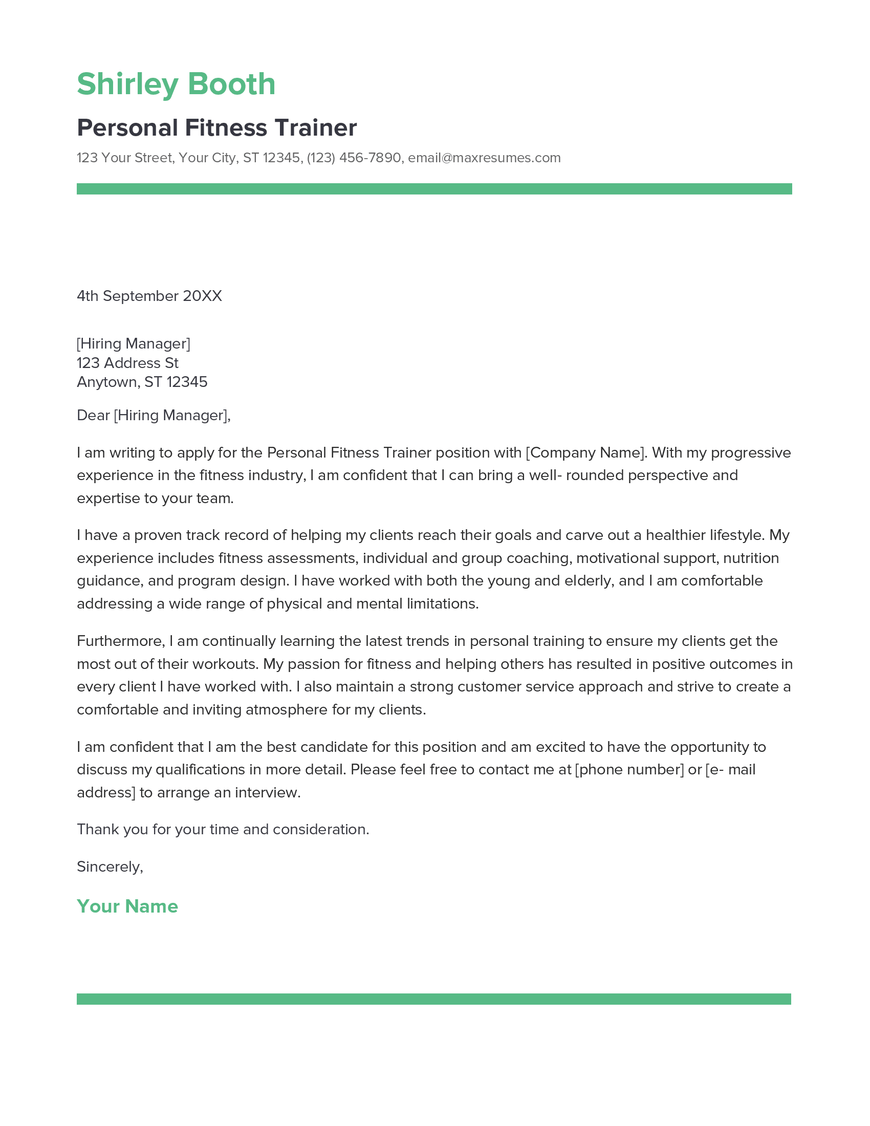 Personal Fitness Trainer Cover Letter Example