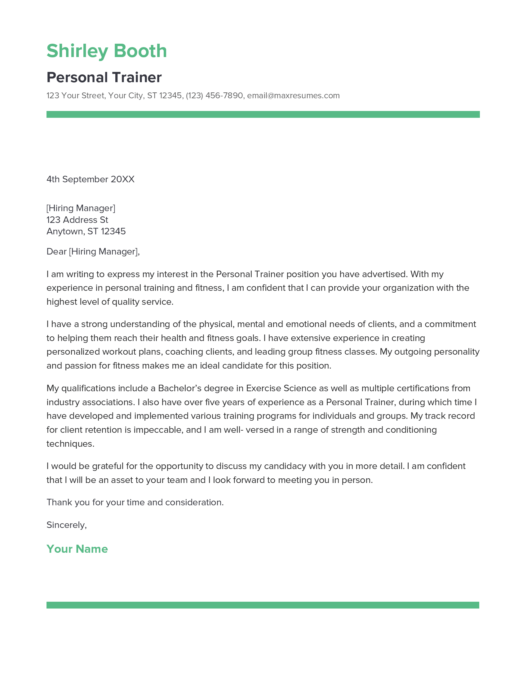 Personal Trainer Cover Letter Example