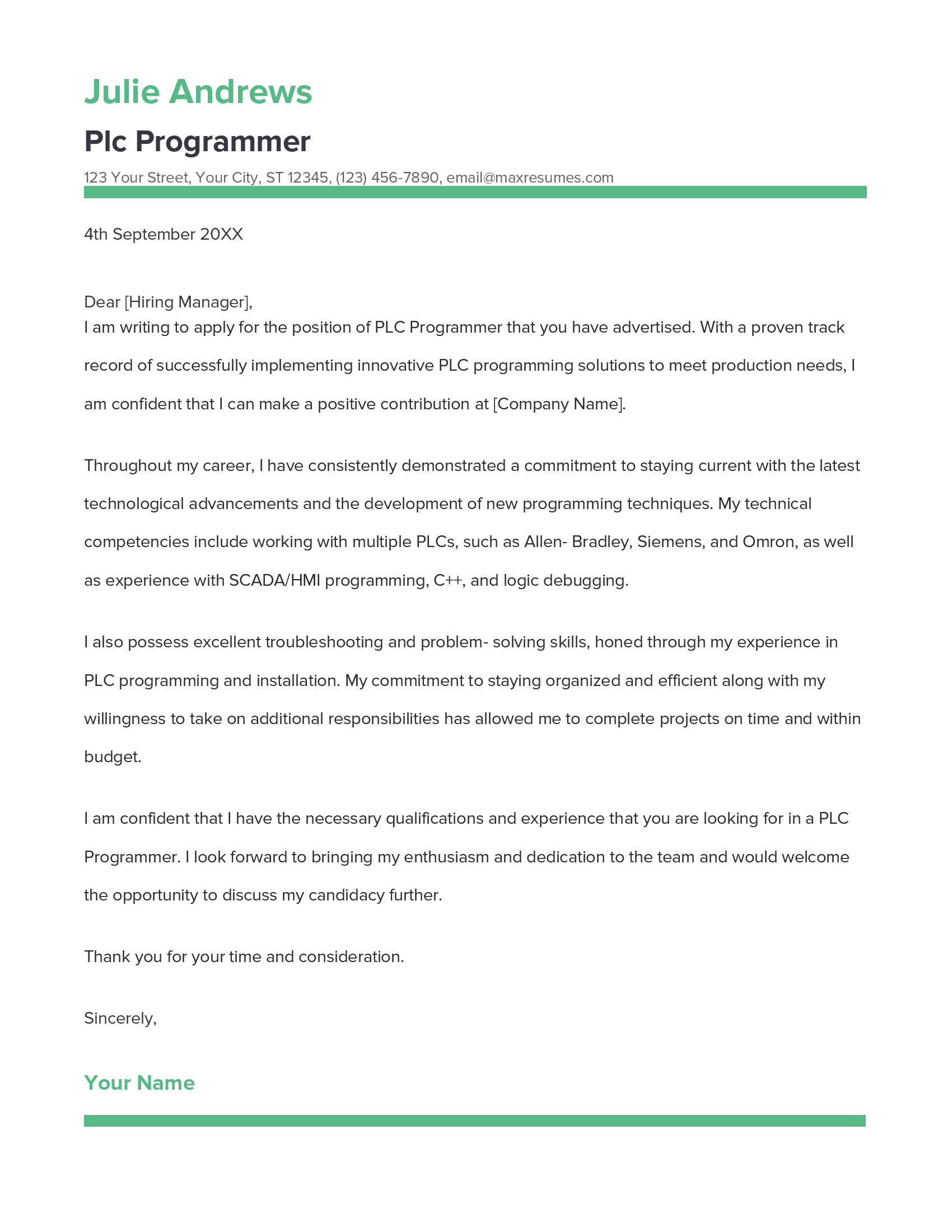 Plc Programmer Cover Letter Example