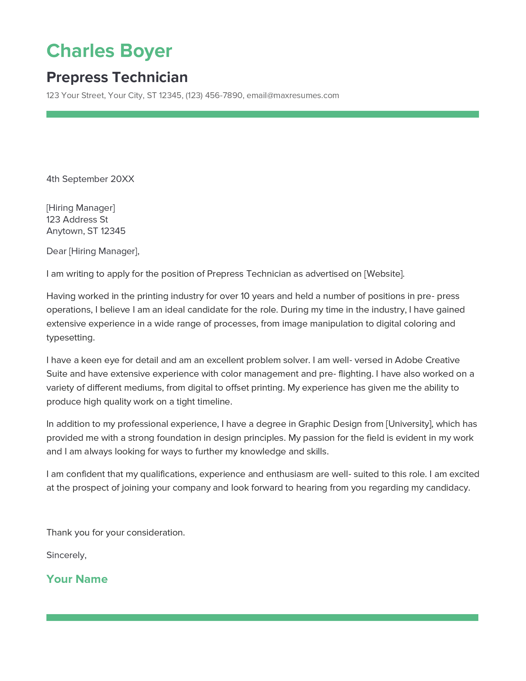 Prepress Technician Cover Letter Example