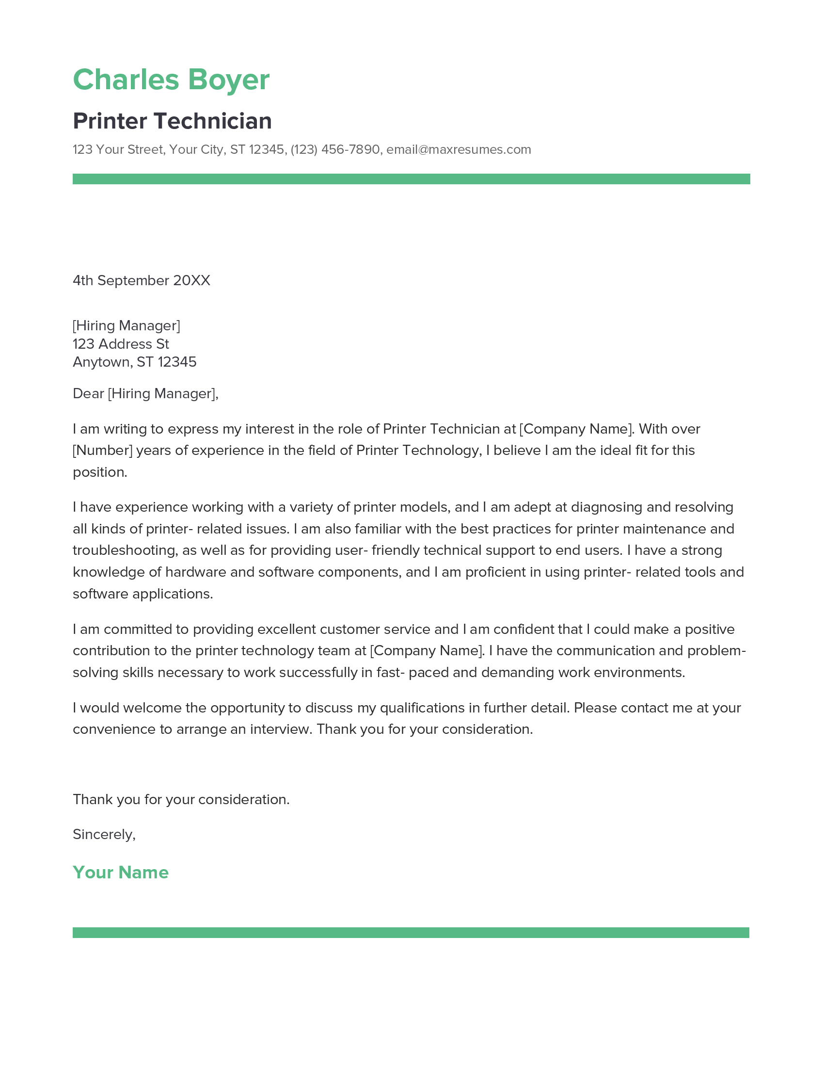 Printer Technician Cover Letter Example