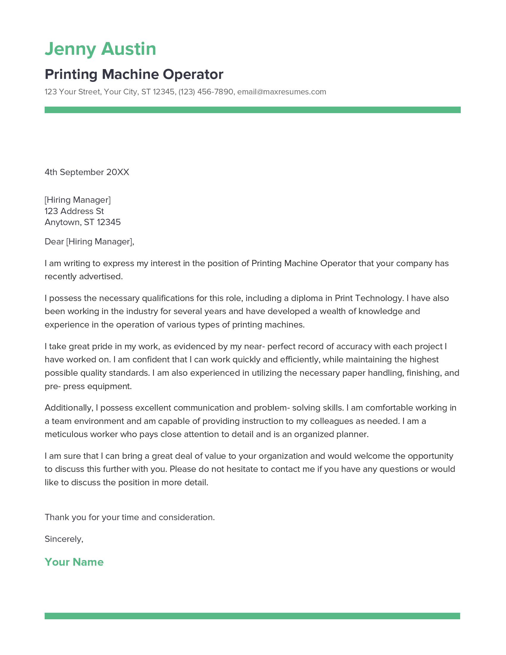 Printing Machine Operator Cover Letter Example